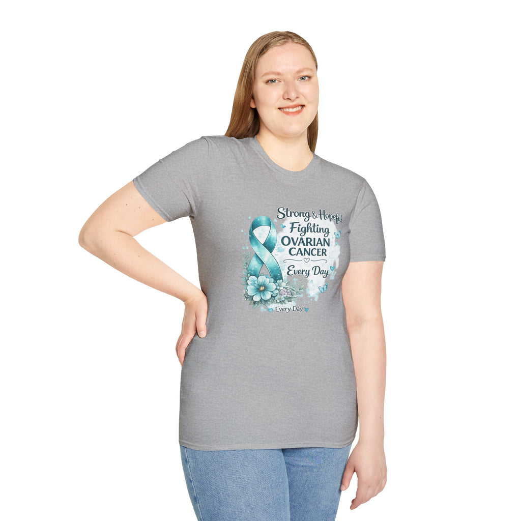 Ovarian Cancer Awareness Ribbon T-Shirt — "Strong & Hopeful: Fighting Ovarian Cancer Every Day"