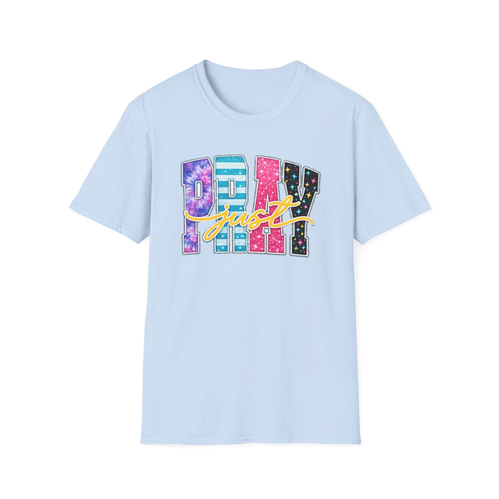 Playful 'Play' Graphic T-Shirt — Colorful Patterned Letters with 'Just' Script