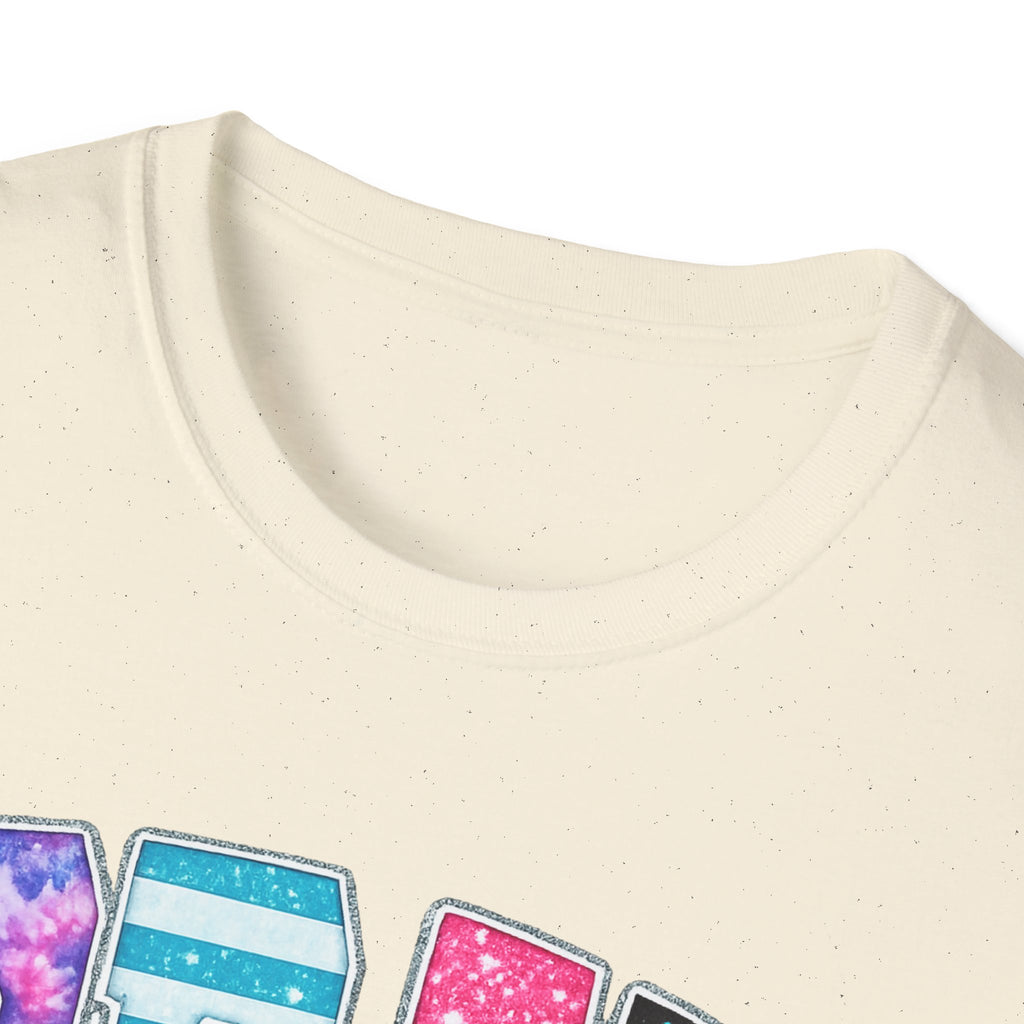 Playful 'Play' Graphic T-Shirt — Colorful Patterned Letters with 'Just' Script