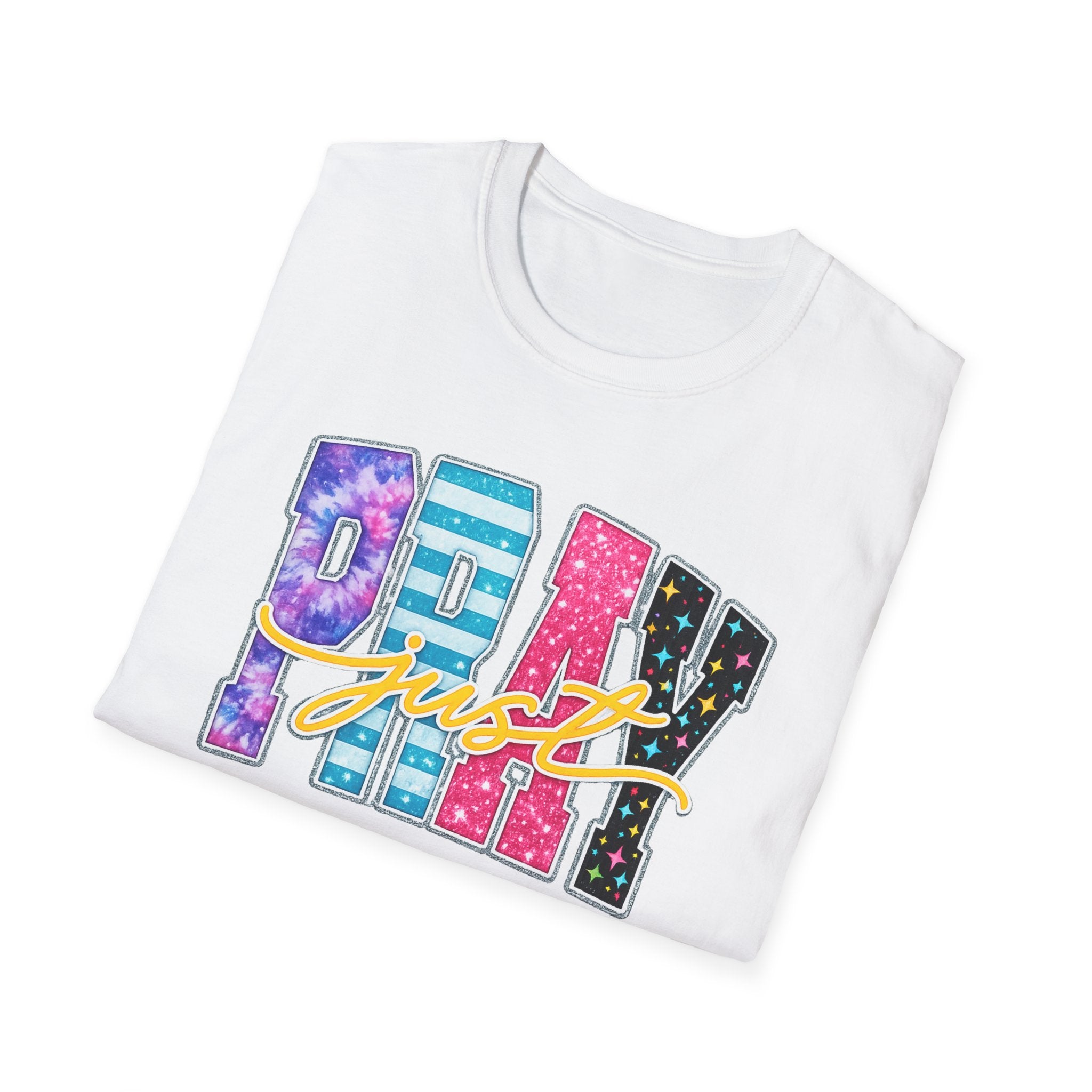 Playful 'Play' Graphic T-Shirt — Colorful Patterned Letters with 'Just' Script