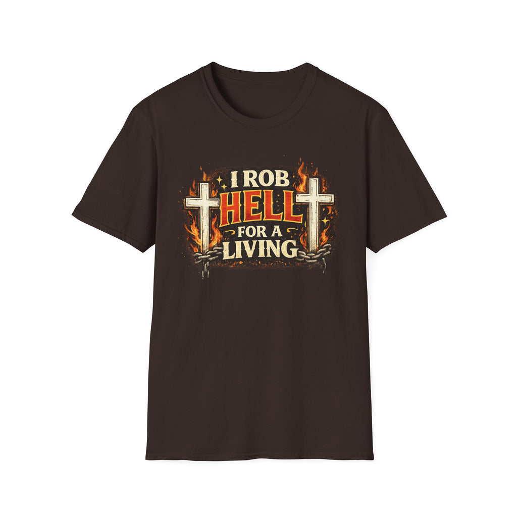 T-Shirt — "I Rob Hell for a Living" Flaming Cross Graphic