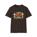 T-Shirt — "I Rob Hell for a Living" Flaming Cross Graphic