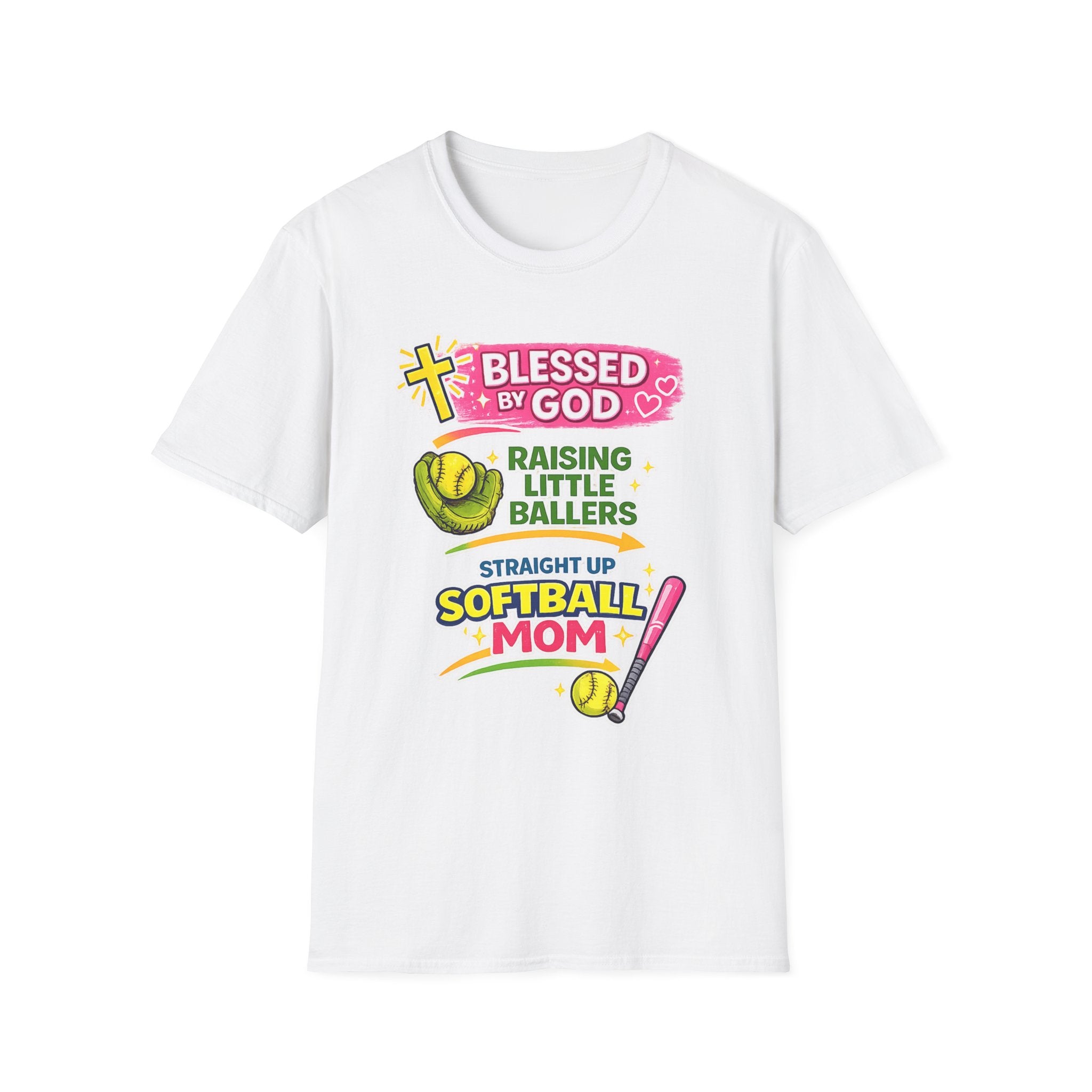 Softball Mom T-Shirt — "Blessed by God Raising Little Ballers" Faith Baseball Tee