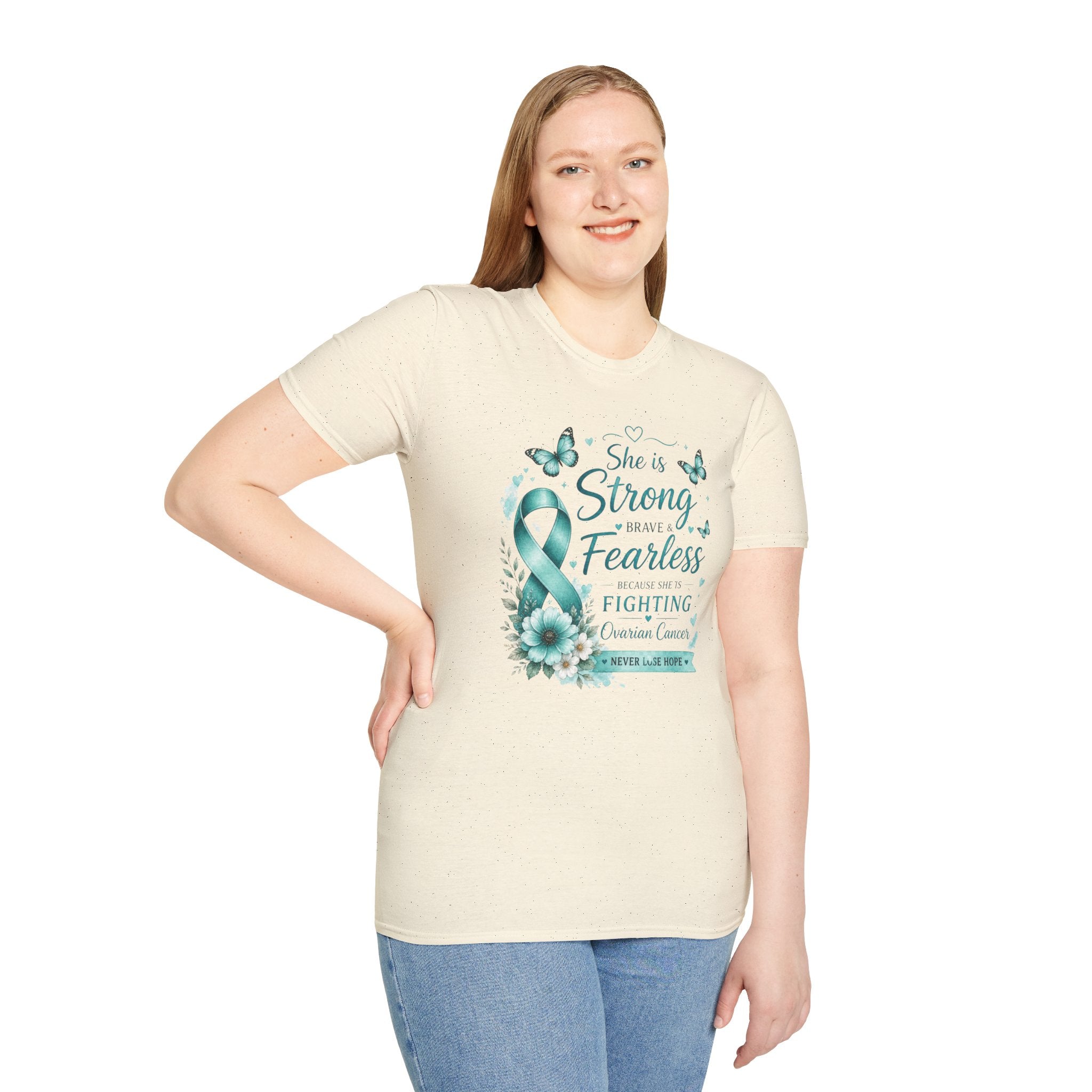 Ovarian Cancer Awareness T-Shirt — "She is Strong Brave Fearless" Teal Ribbon Support Tee