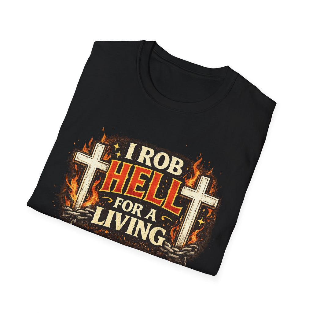 T-Shirt — "I Rob Hell for a Living" Flaming Cross Graphic
