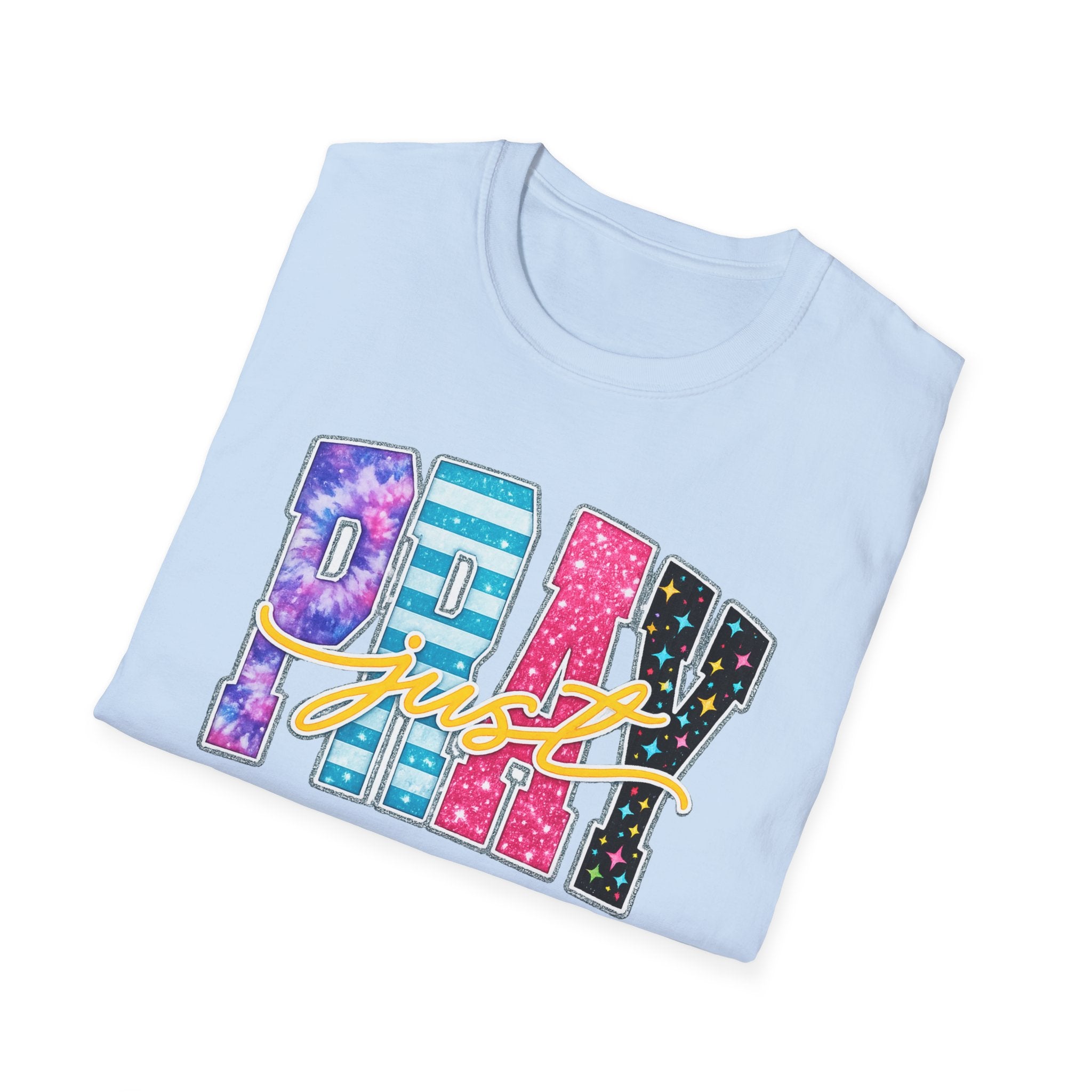 Playful 'Play' Graphic T-Shirt — Colorful Patterned Letters with 'Just' Script