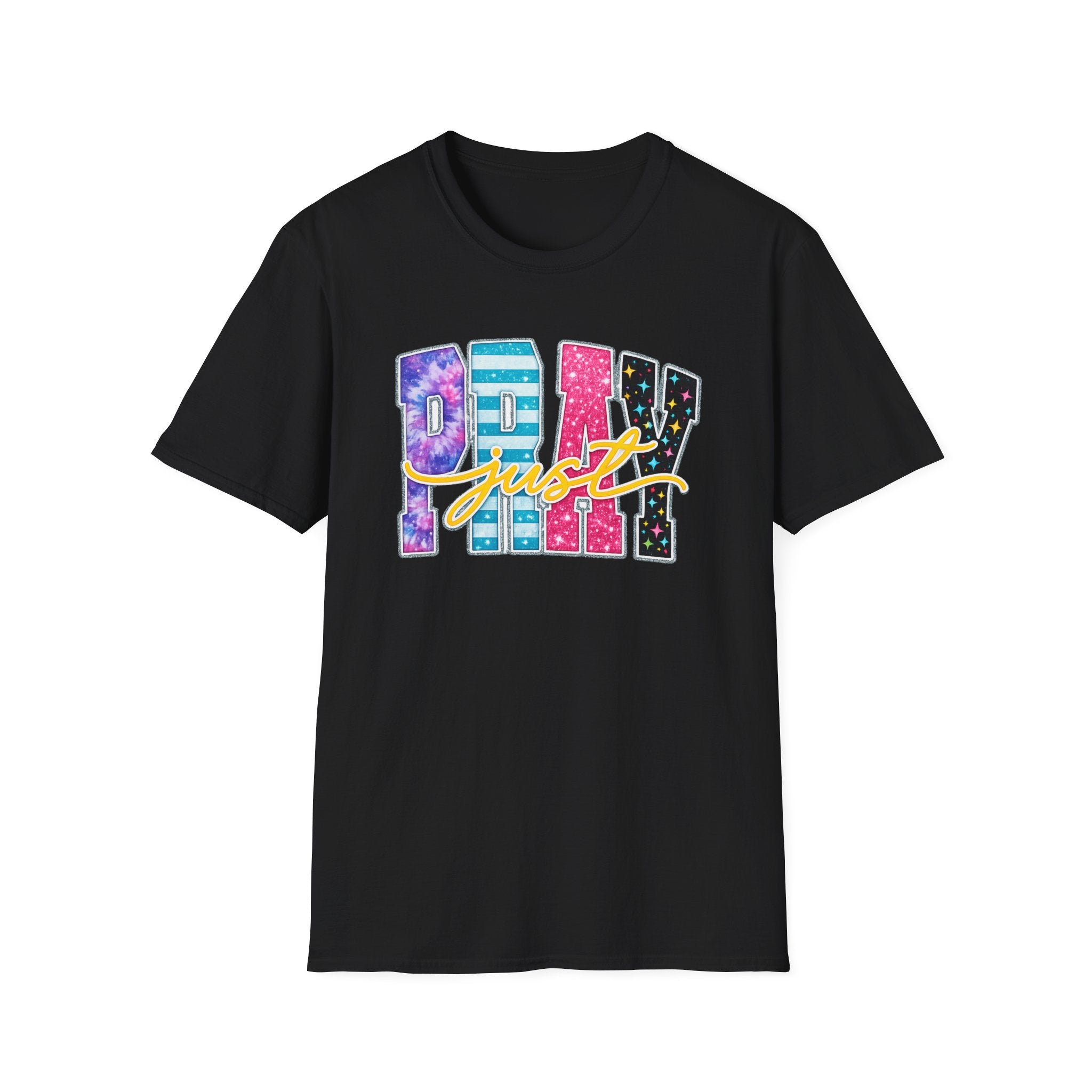 Playful 'Play' Graphic T-Shirt — Colorful Patterned Letters with 'Just' Script