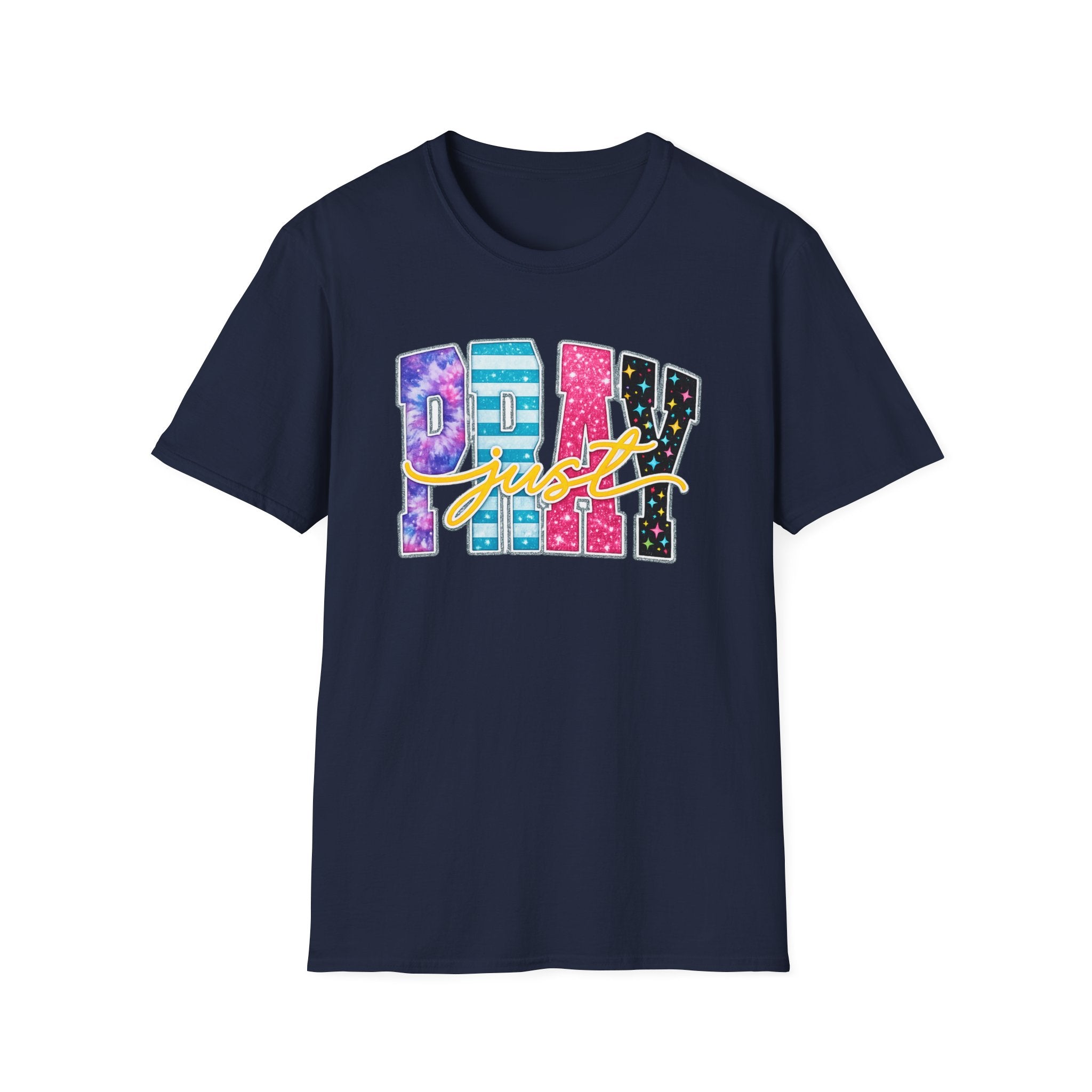 Playful 'Play' Graphic T-Shirt — Colorful Patterned Letters with 'Just' Script