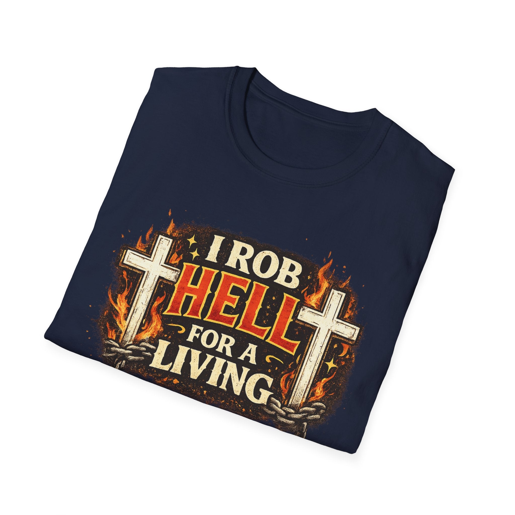 T-Shirt — "I Rob Hell for a Living" Flaming Cross Graphic