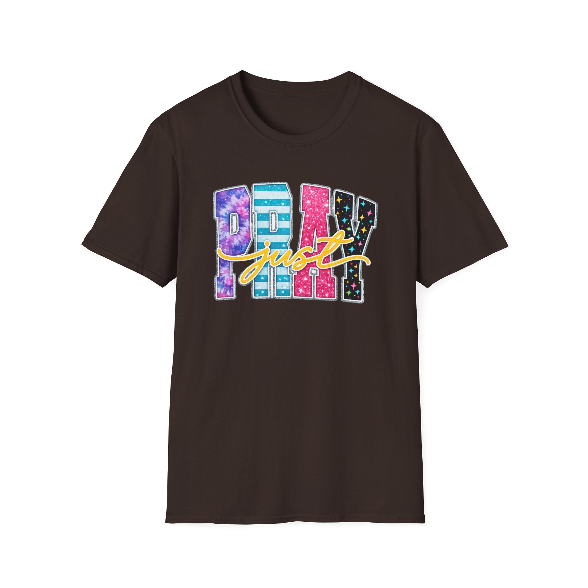 Playful 'Play' Graphic T-Shirt — Colorful Patterned Letters with 'Just' Script