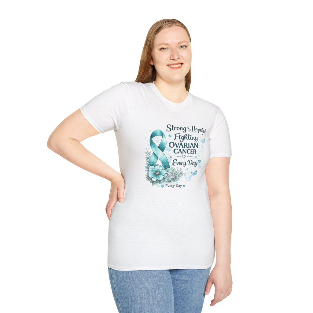 Ovarian Cancer Awareness Ribbon T-Shirt — "Strong & Hopeful: Fighting Ovarian Cancer Every Day"