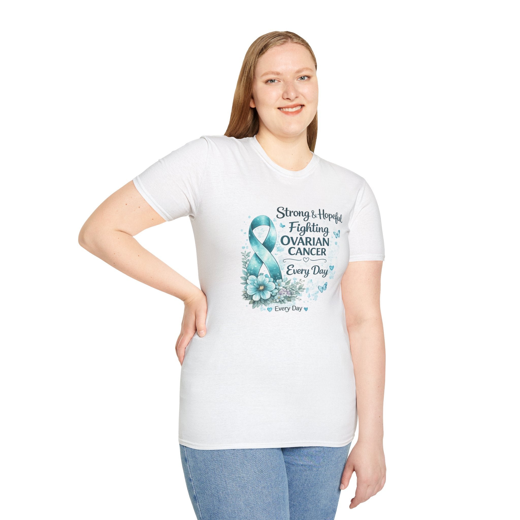 Ovarian Cancer Awareness Ribbon T-Shirt — "Strong & Hopeful: Fighting Ovarian Cancer Every Day"