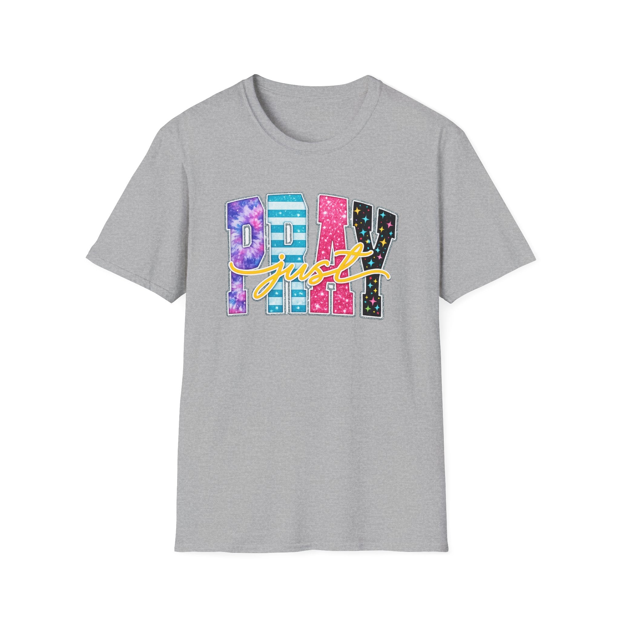 Playful 'Play' Graphic T-Shirt — Colorful Patterned Letters with 'Just' Script