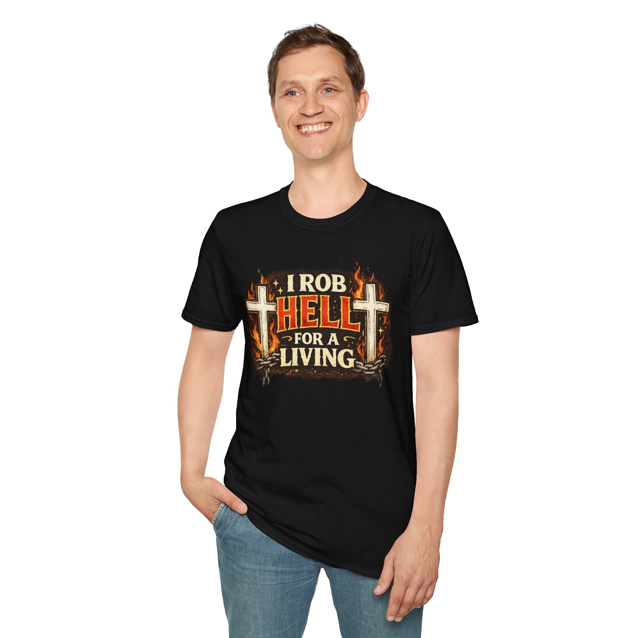 T-Shirt — "I Rob Hell for a Living" Flaming Cross Graphic