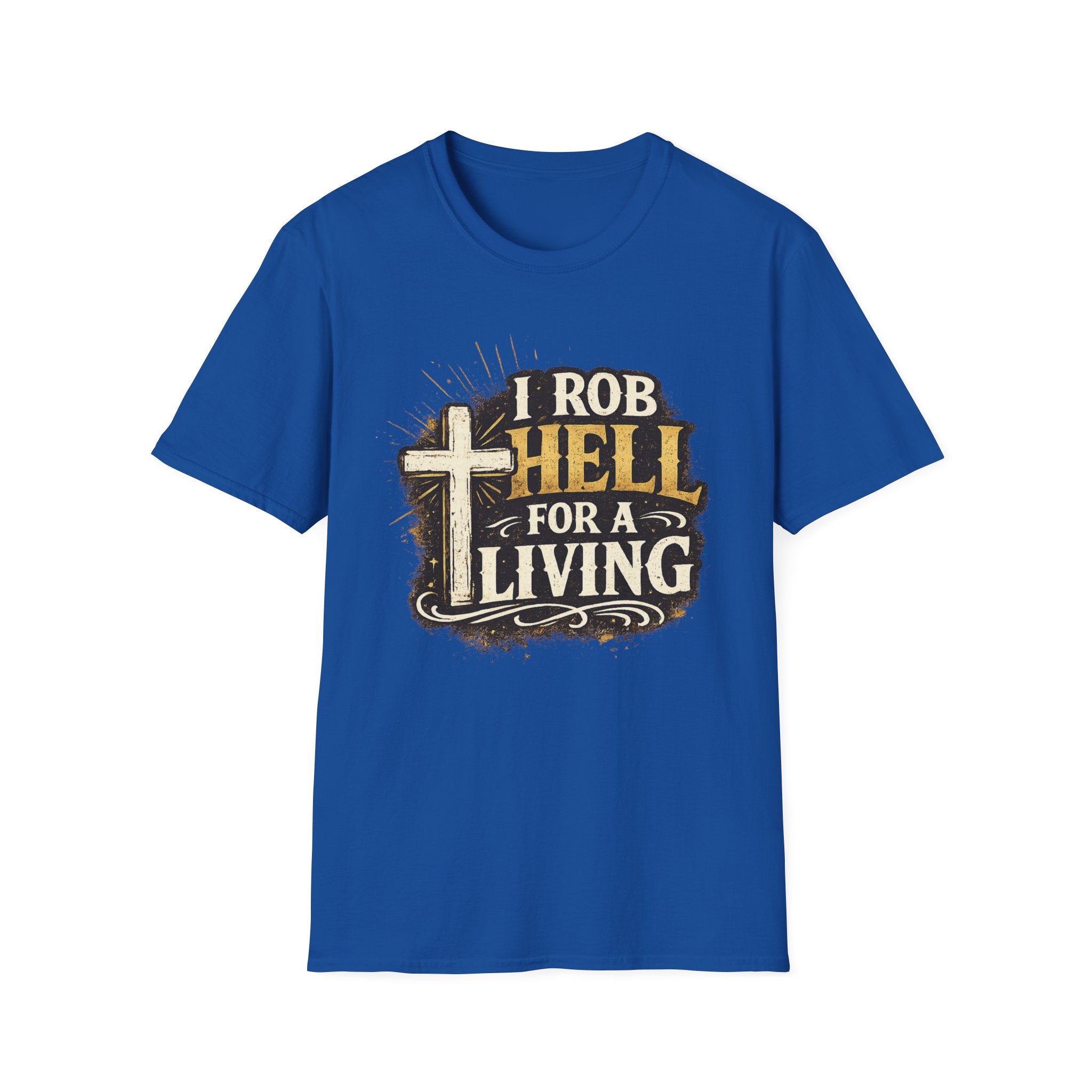 Christian Rescue Worker T-Shirt — "I Rob Hell for a Living" Cross Graphic