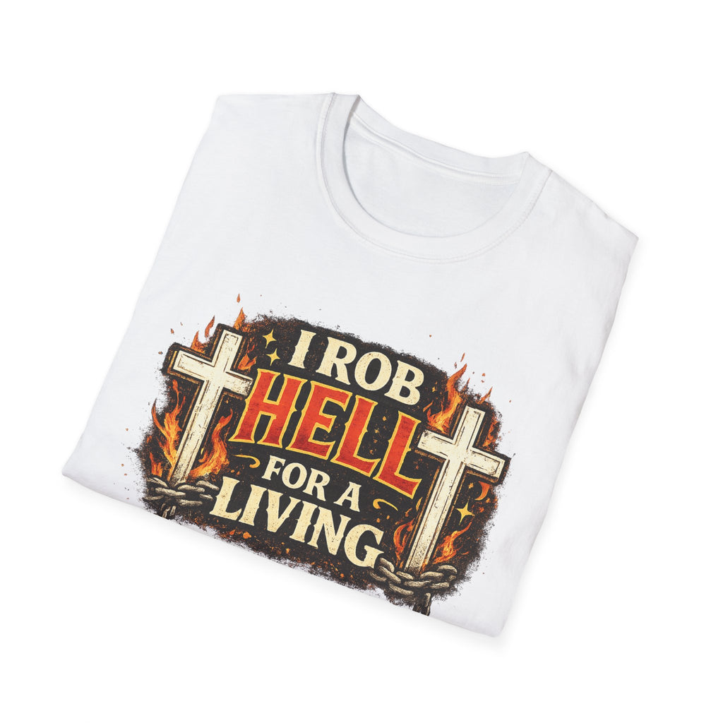 T-Shirt — "I Rob Hell for a Living" Flaming Cross Graphic
