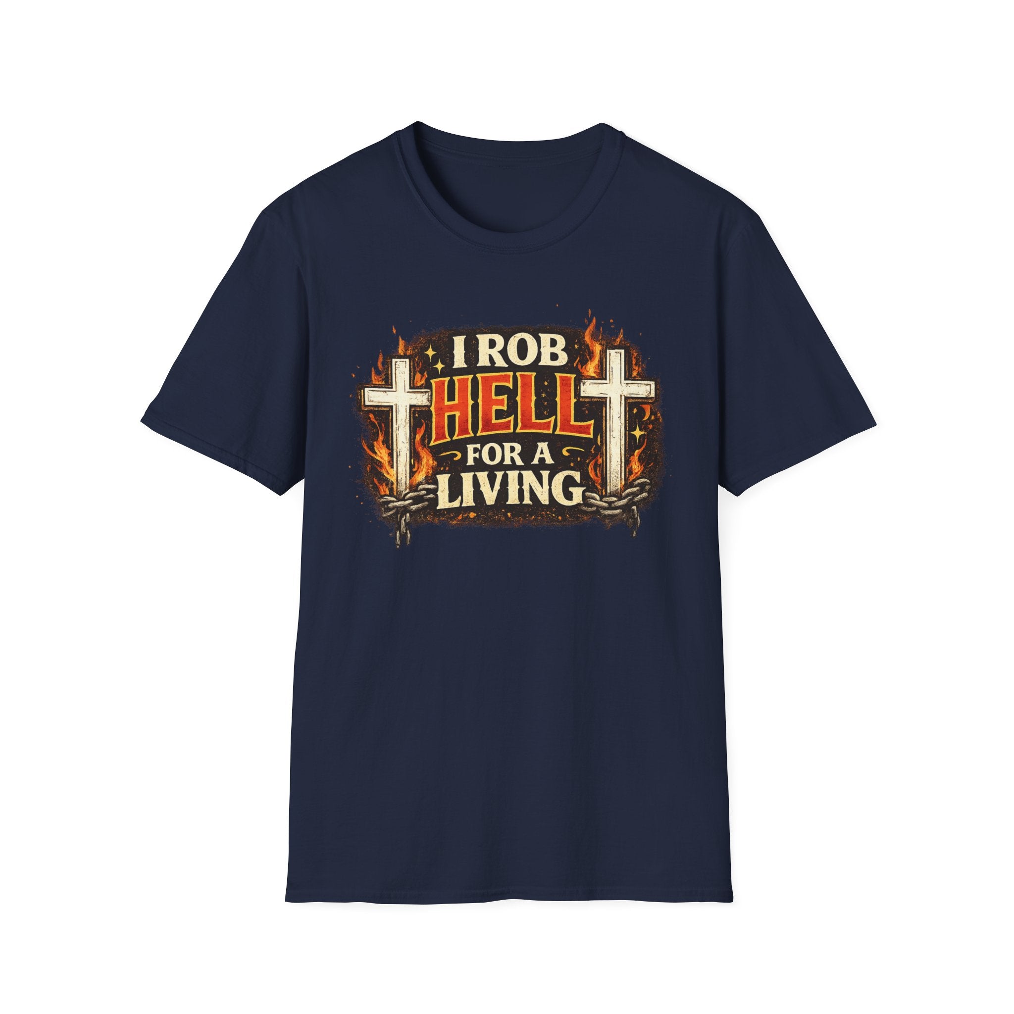 T-Shirt — "I Rob Hell for a Living" Flaming Cross Graphic