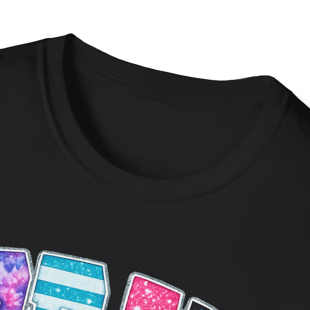 Playful 'Play' Graphic T-Shirt — Colorful Patterned Letters with 'Just' Script