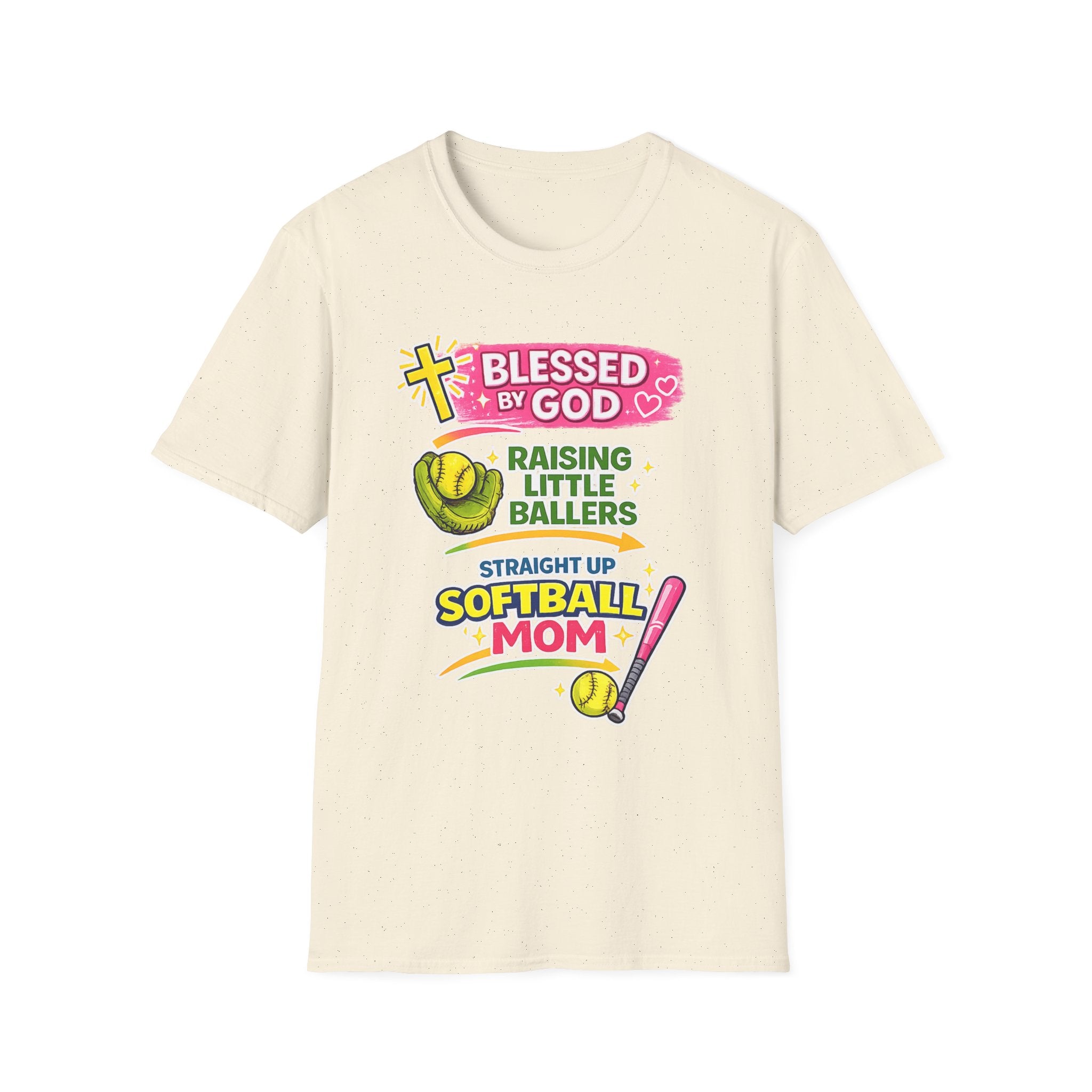 Softball Mom T-Shirt — "Blessed by God Raising Little Ballers" Faith Baseball Tee