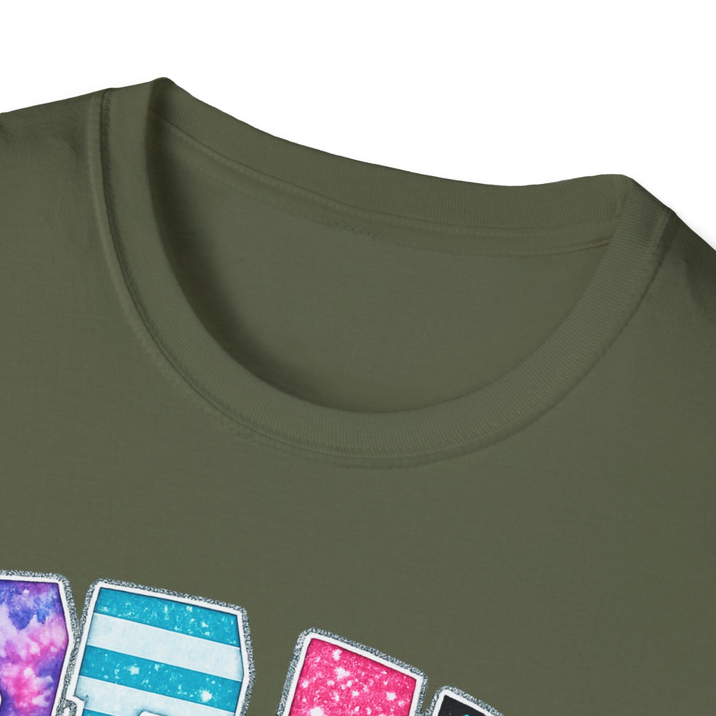 Playful 'Play' Graphic T-Shirt — Colorful Patterned Letters with 'Just' Script