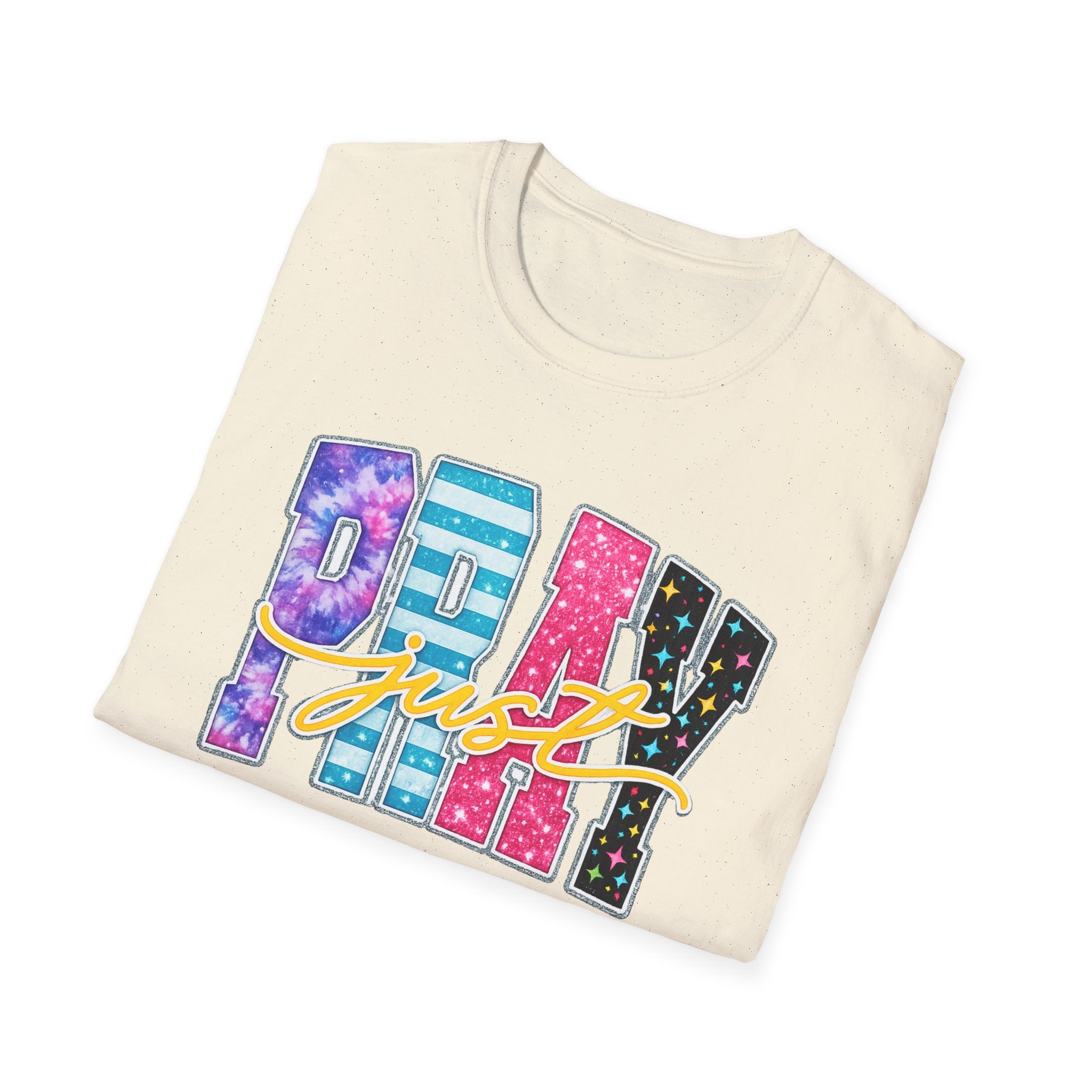 Playful 'Play' Graphic T-Shirt — Colorful Patterned Letters with 'Just' Script