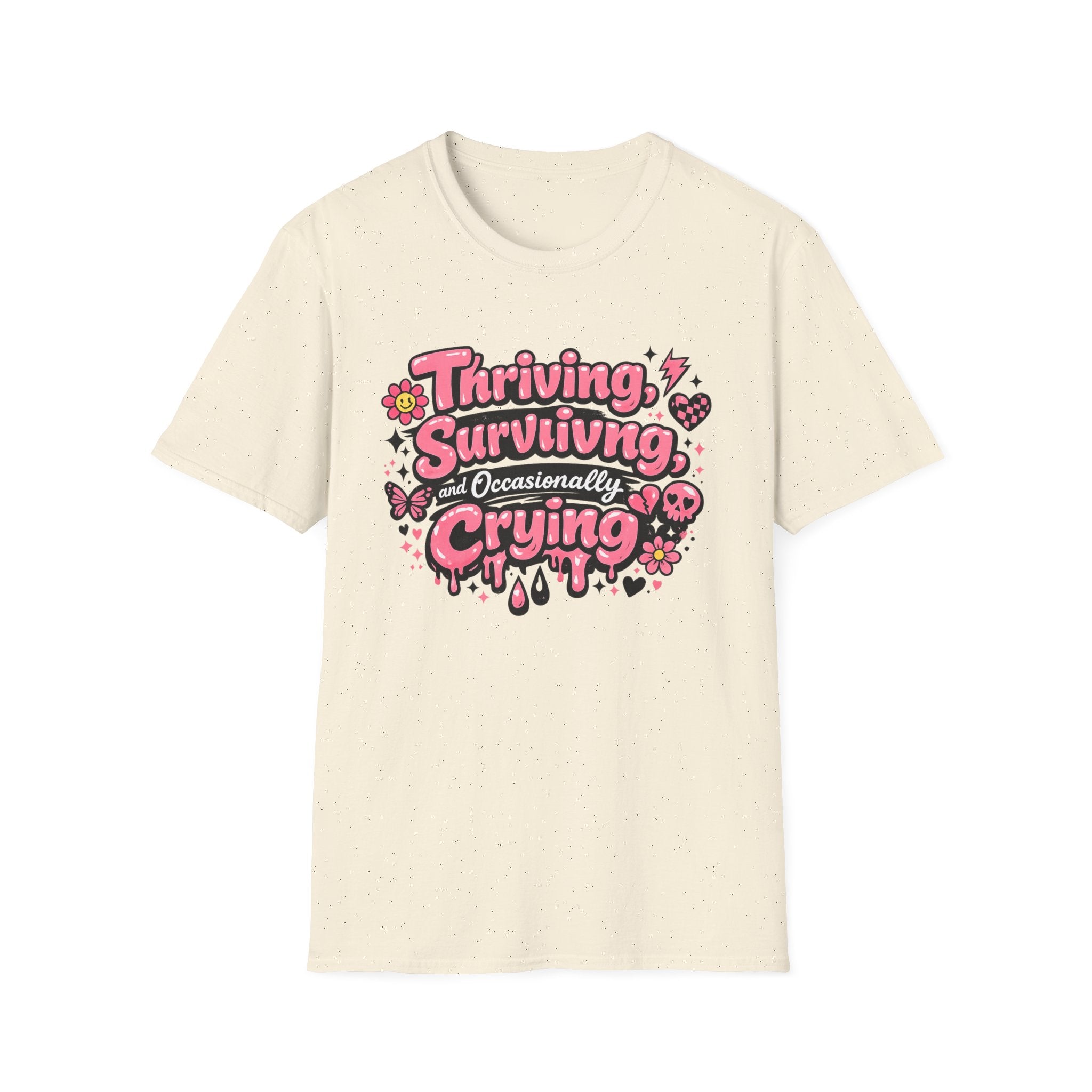 Thriving, Surviving & Occasionally Crying T-Shirt — Cute Pink Positive Mental Health Tee