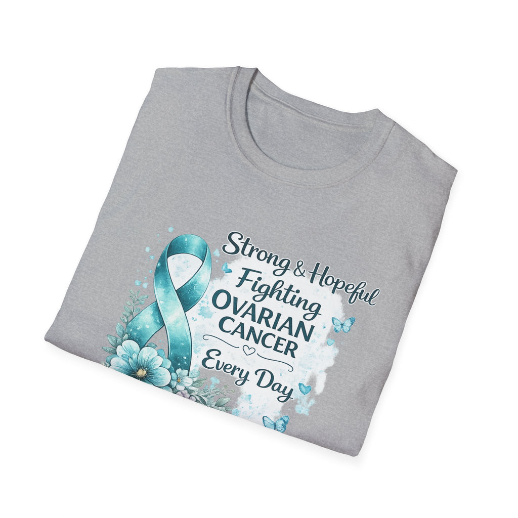 Ovarian Cancer Awareness Ribbon T-Shirt — "Strong & Hopeful: Fighting Ovarian Cancer Every Day"