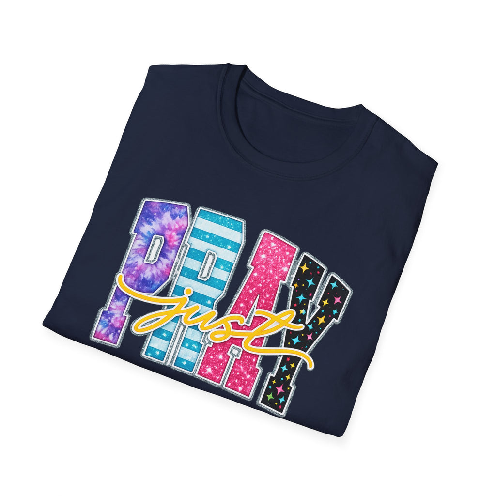 Playful 'Play' Graphic T-Shirt — Colorful Patterned Letters with 'Just' Script