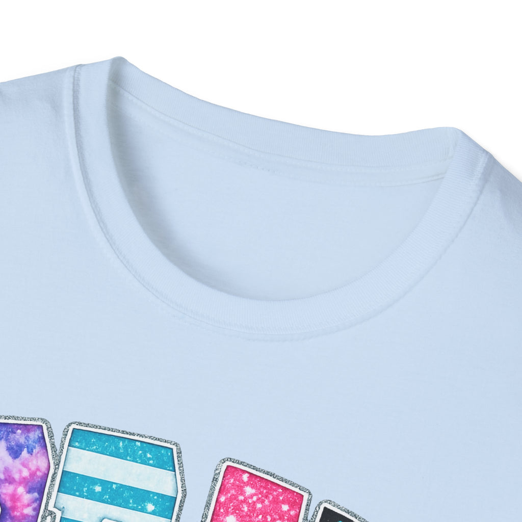 Playful 'Play' Graphic T-Shirt — Colorful Patterned Letters with 'Just' Script