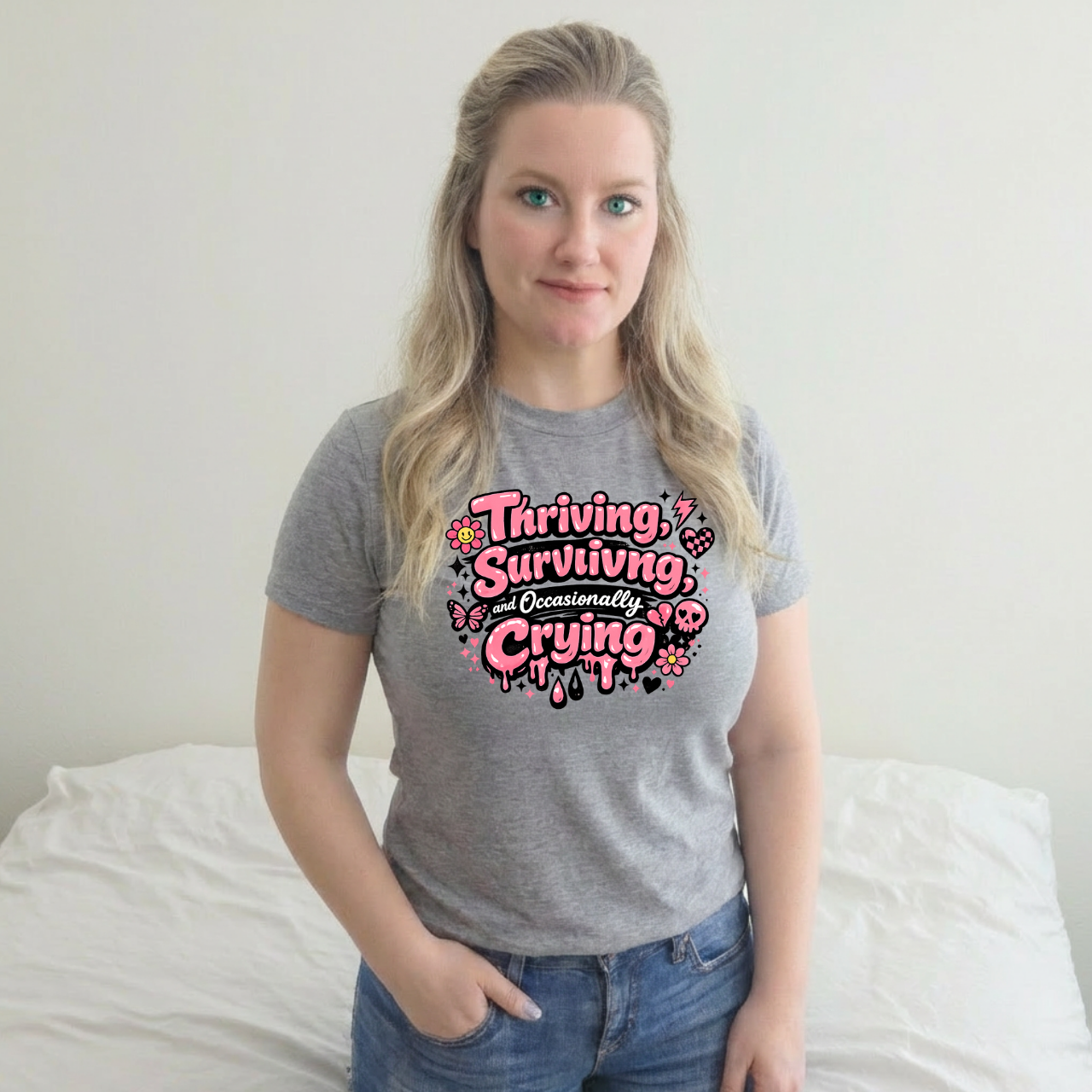 Thriving, Surviving & Occasionally Crying T-Shirt — Cute Pink Positive Mental Health Tee