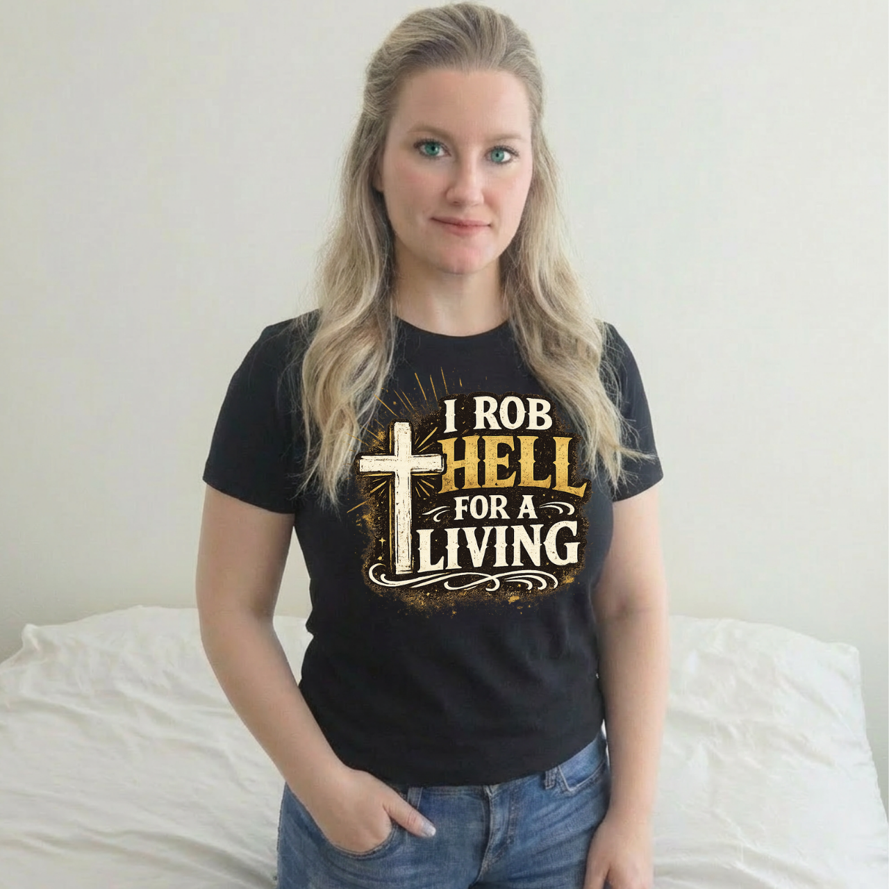 Christian Rescue Worker T-Shirt — "I Rob Hell for a Living" Cross Graphic