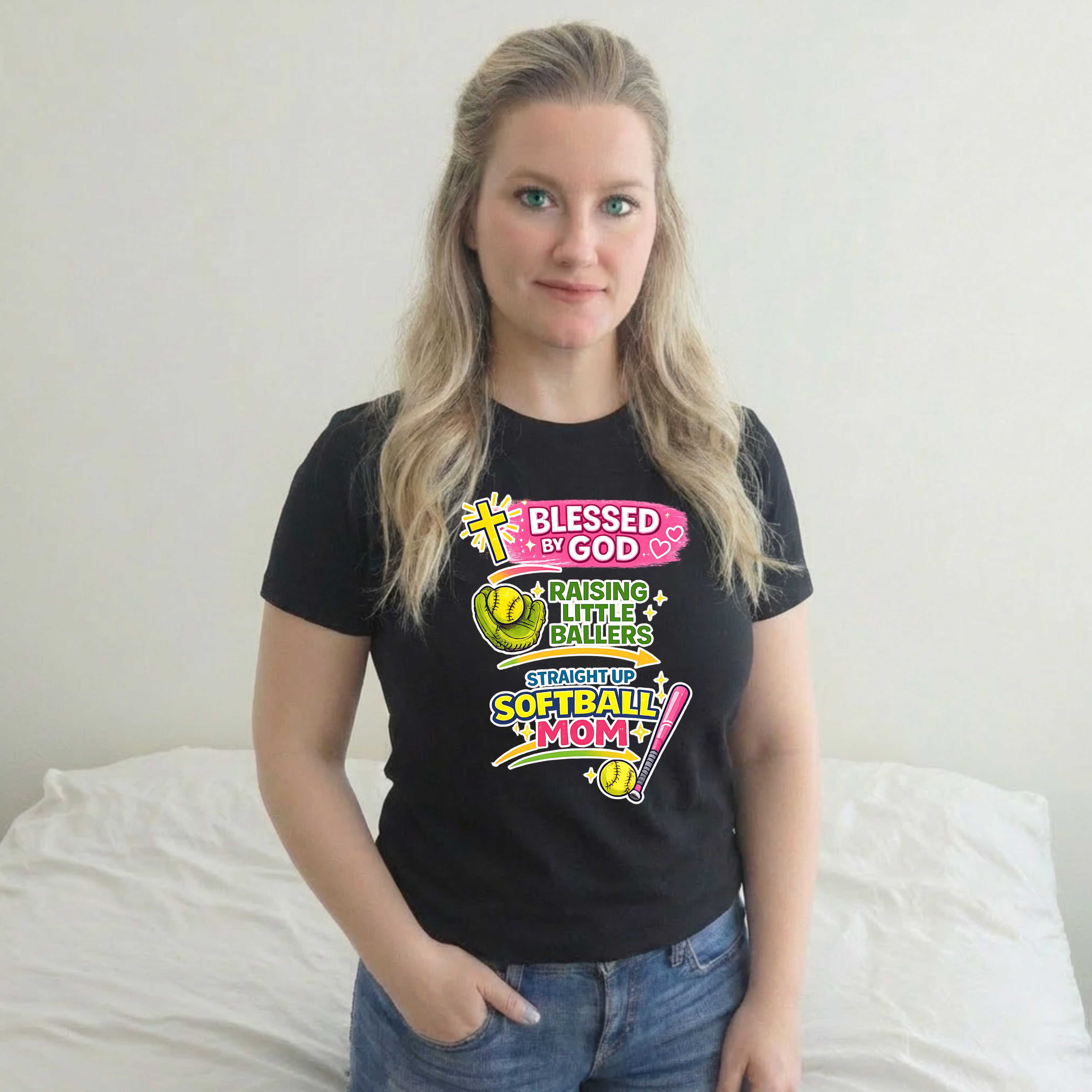 Softball Mom T-Shirt — "Blessed by God Raising Little Ballers" Faith Baseball Tee