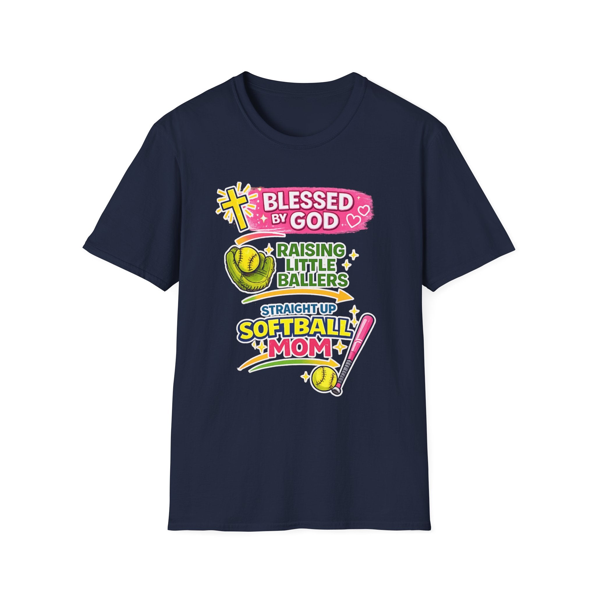 Softball Mom T-Shirt — "Blessed by God Raising Little Ballers" Faith Baseball Tee