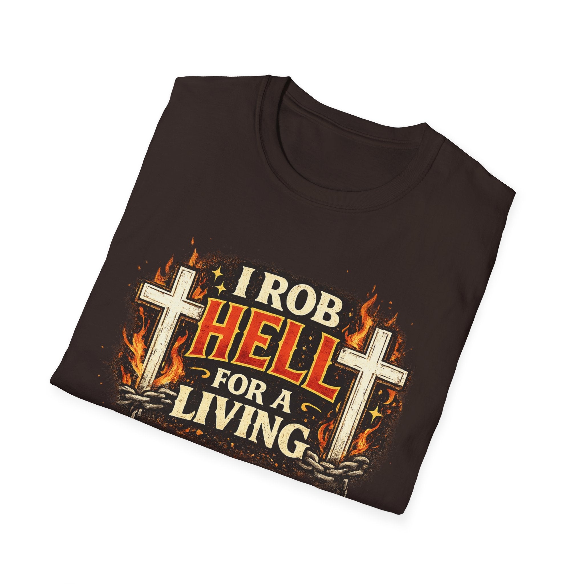 T-Shirt — "I Rob Hell for a Living" Flaming Cross Graphic