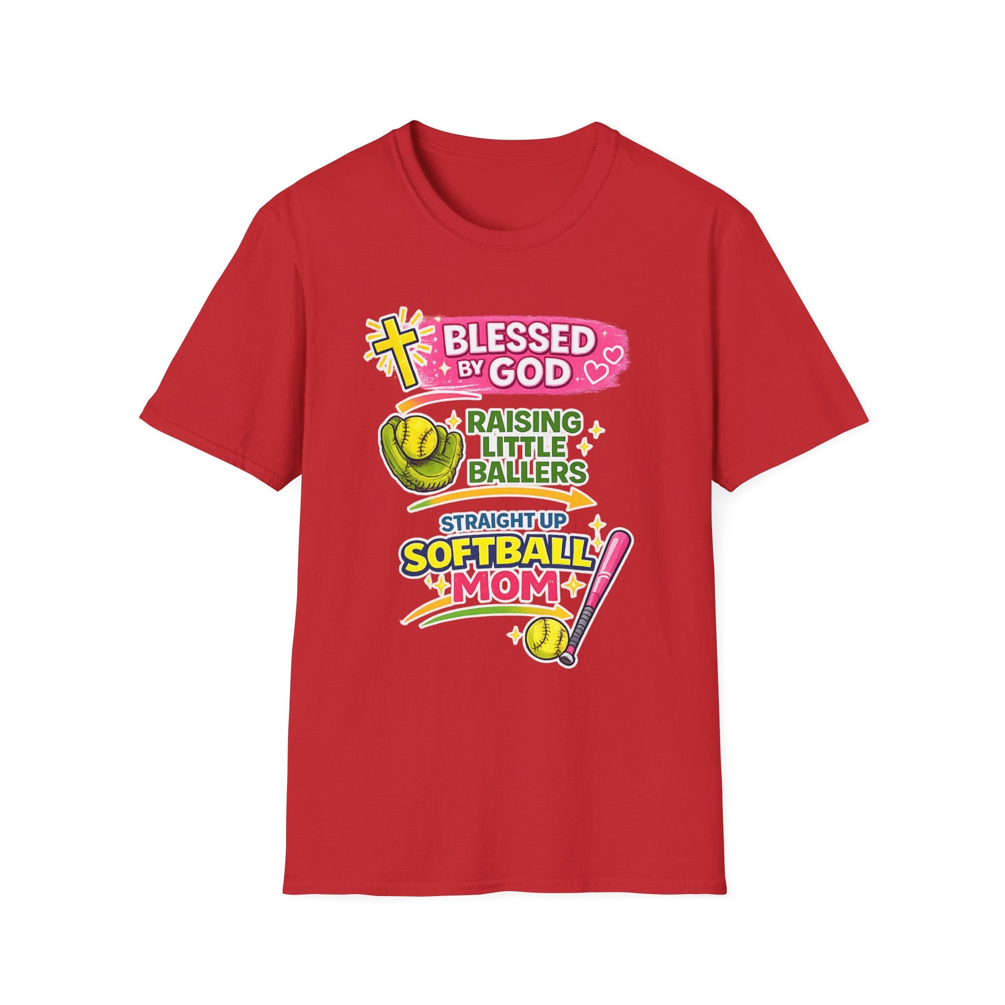 Softball Mom T-Shirt — "Blessed by God Raising Little Ballers" Faith Baseball Tee