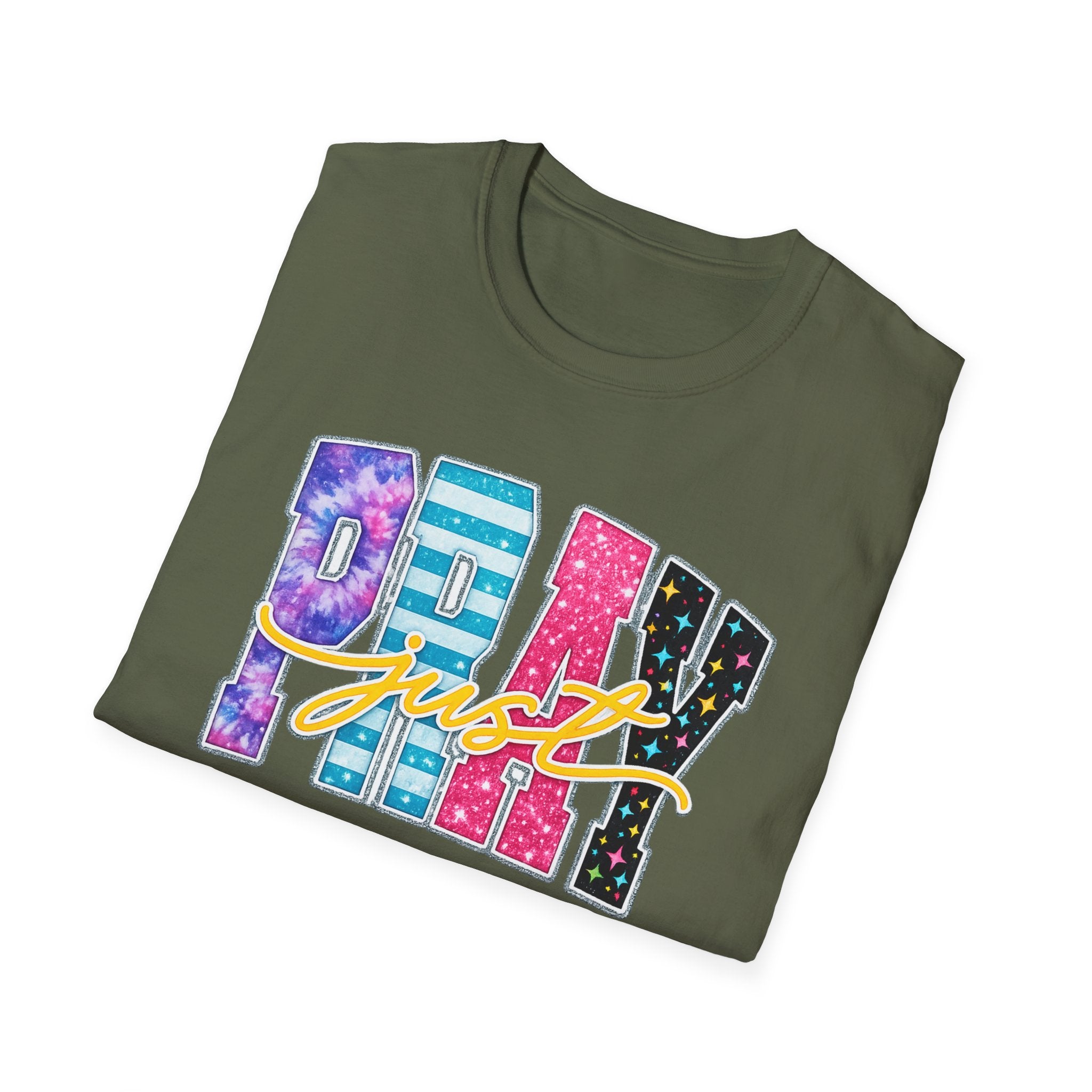 Playful 'Play' Graphic T-Shirt — Colorful Patterned Letters with 'Just' Script