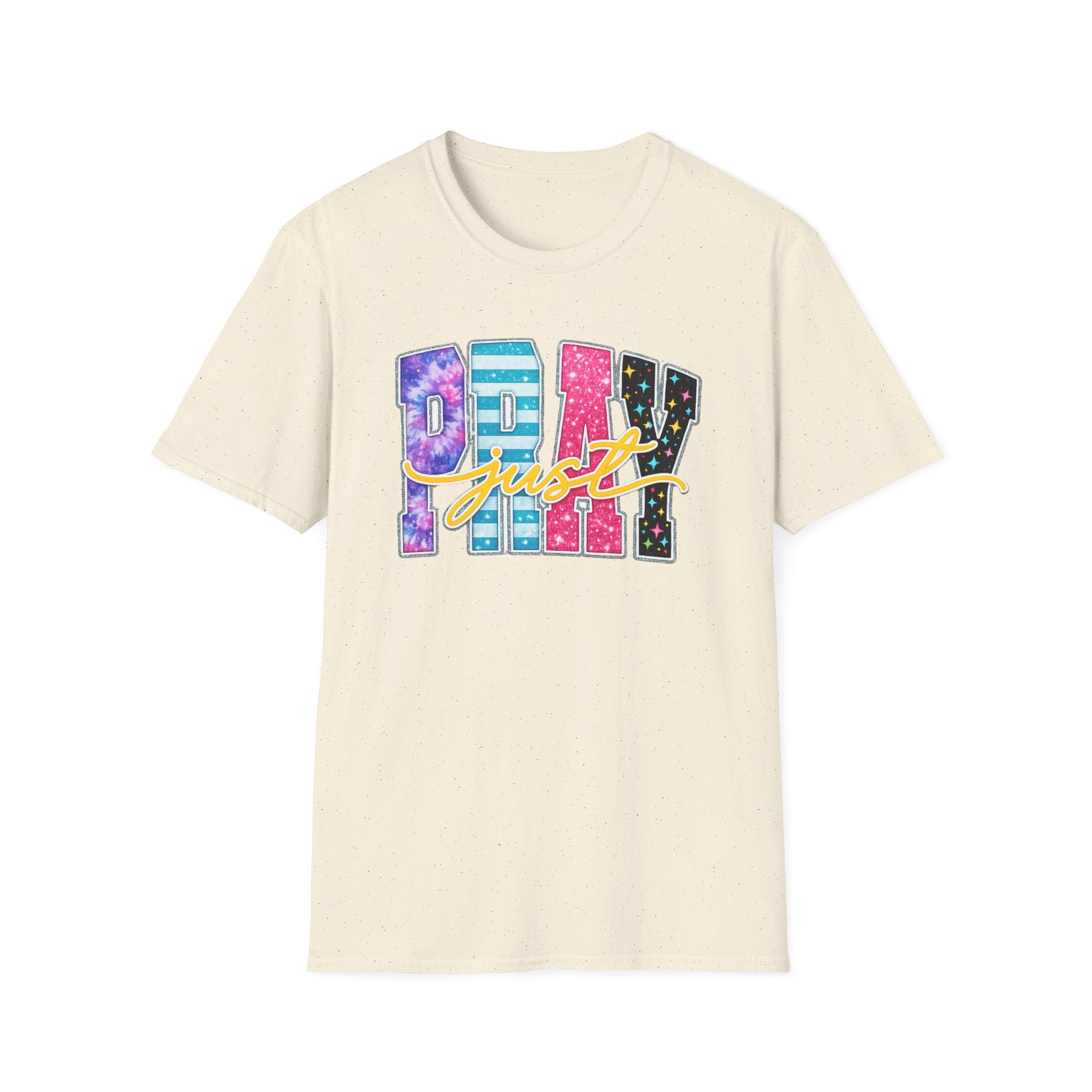 Playful 'Play' Graphic T-Shirt — Colorful Patterned Letters with 'Just' Script