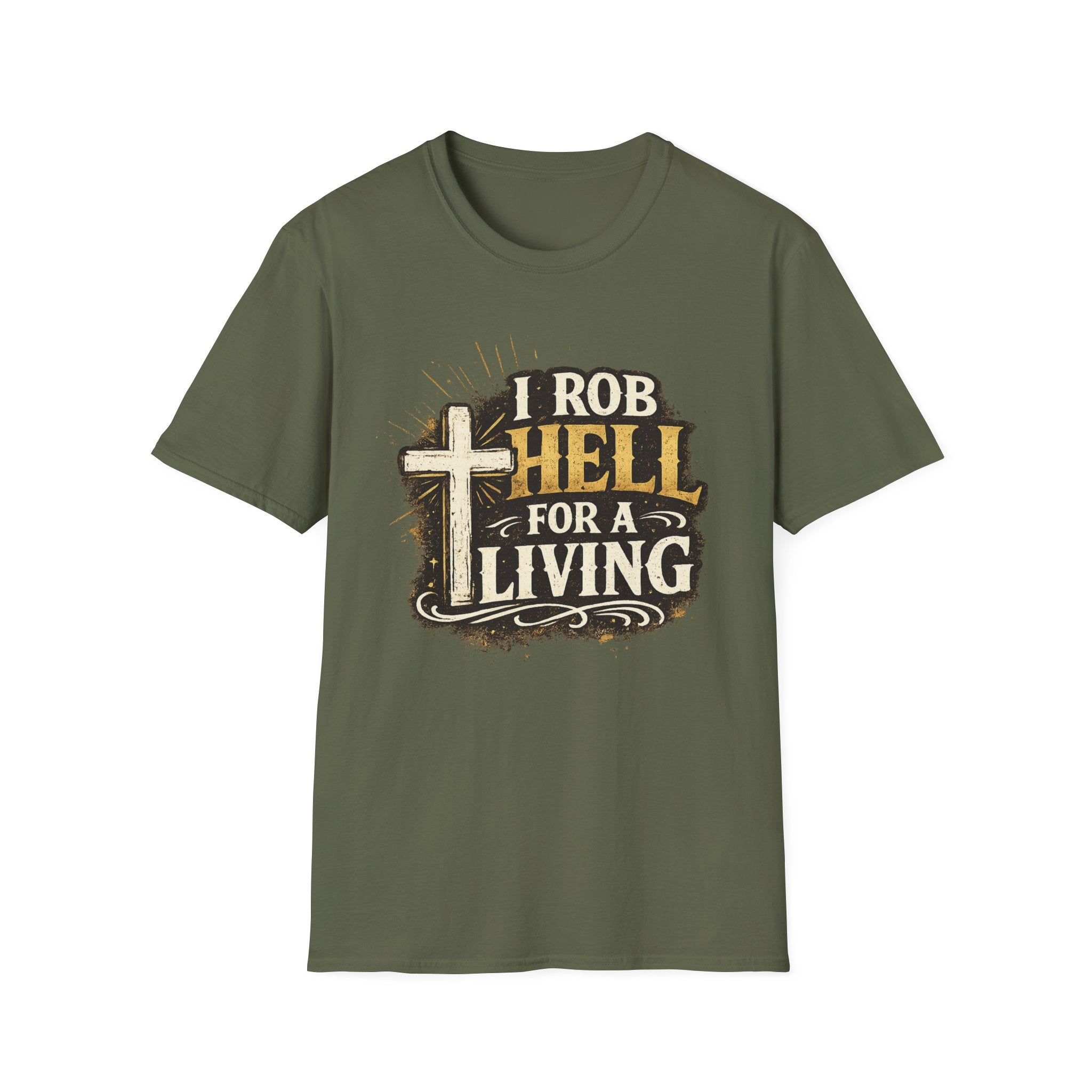 Christian Rescue Worker T-Shirt — "I Rob Hell for a Living" Cross Graphic