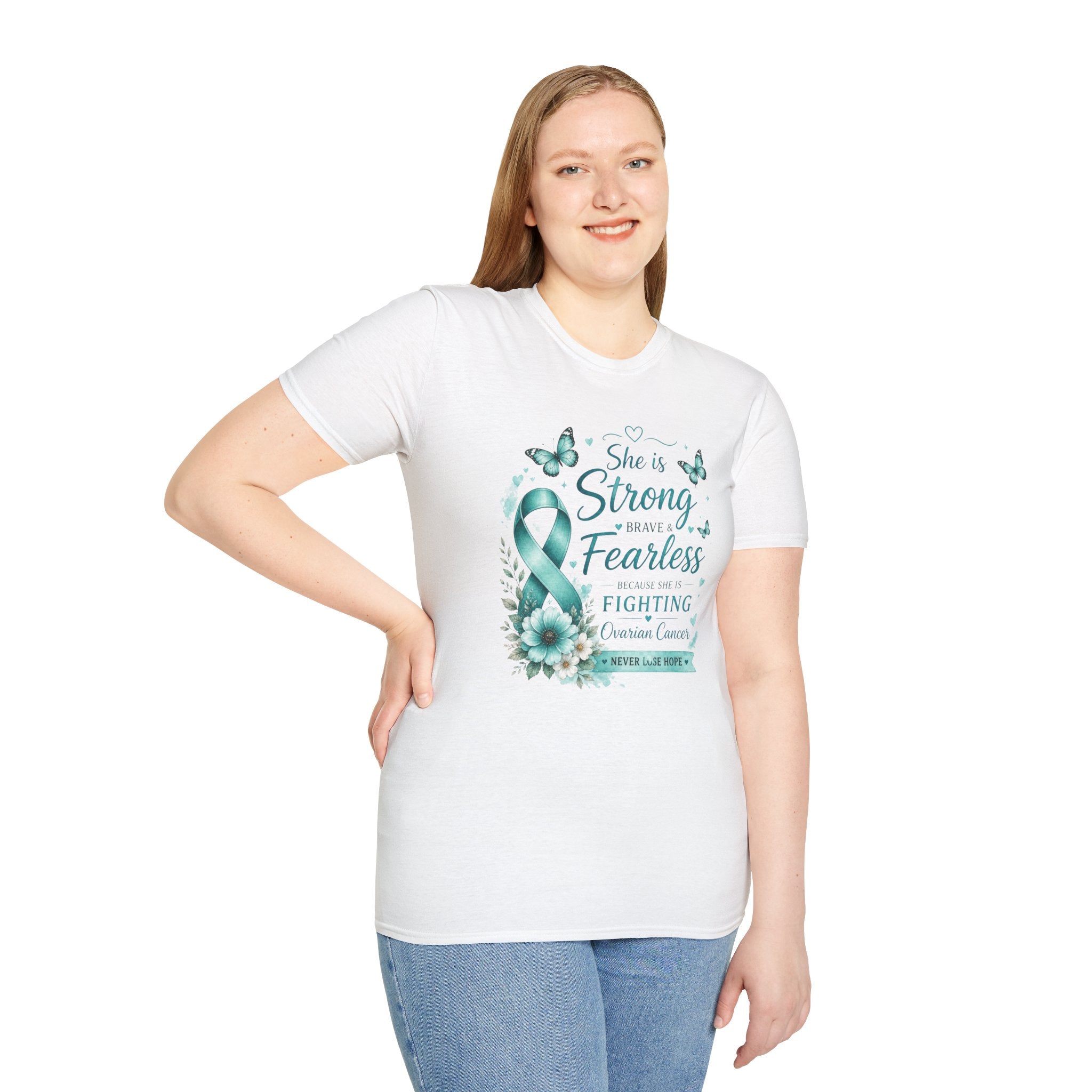 Ovarian Cancer Awareness T-Shirt — "She is Strong Brave Fearless" Teal Ribbon Support Tee