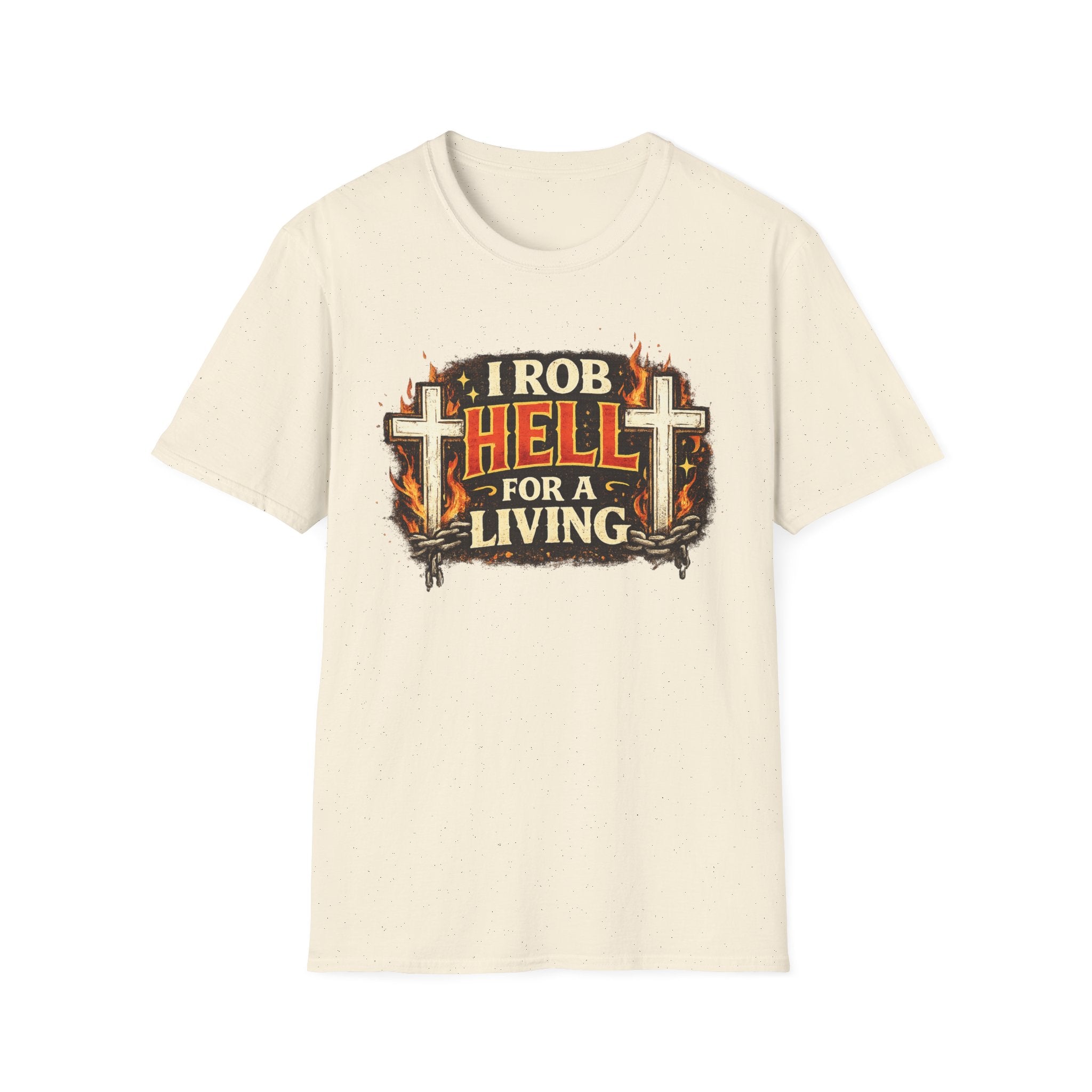 T-Shirt — "I Rob Hell for a Living" Flaming Cross Graphic