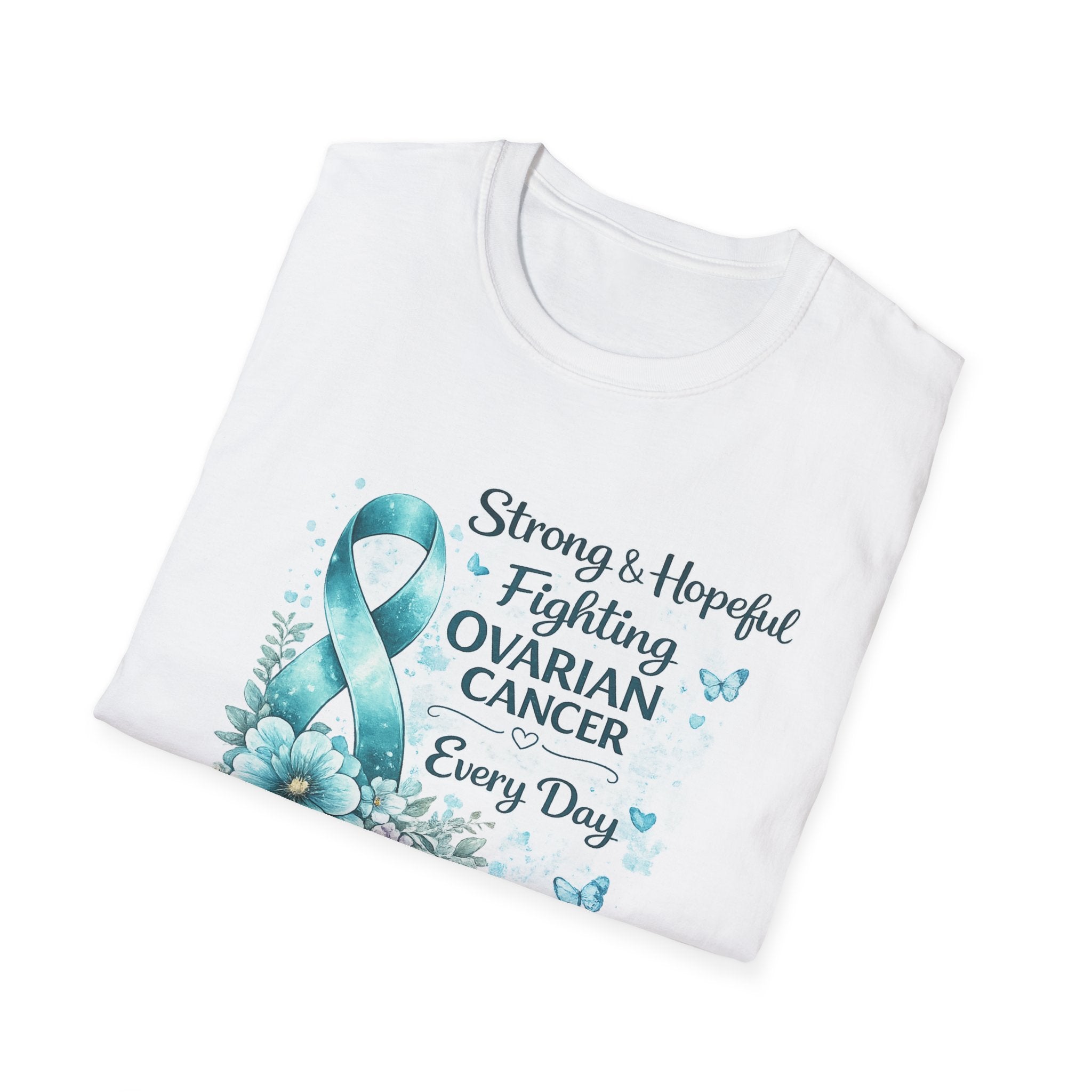 Ovarian Cancer Awareness Ribbon T-Shirt — "Strong & Hopeful: Fighting Ovarian Cancer Every Day"