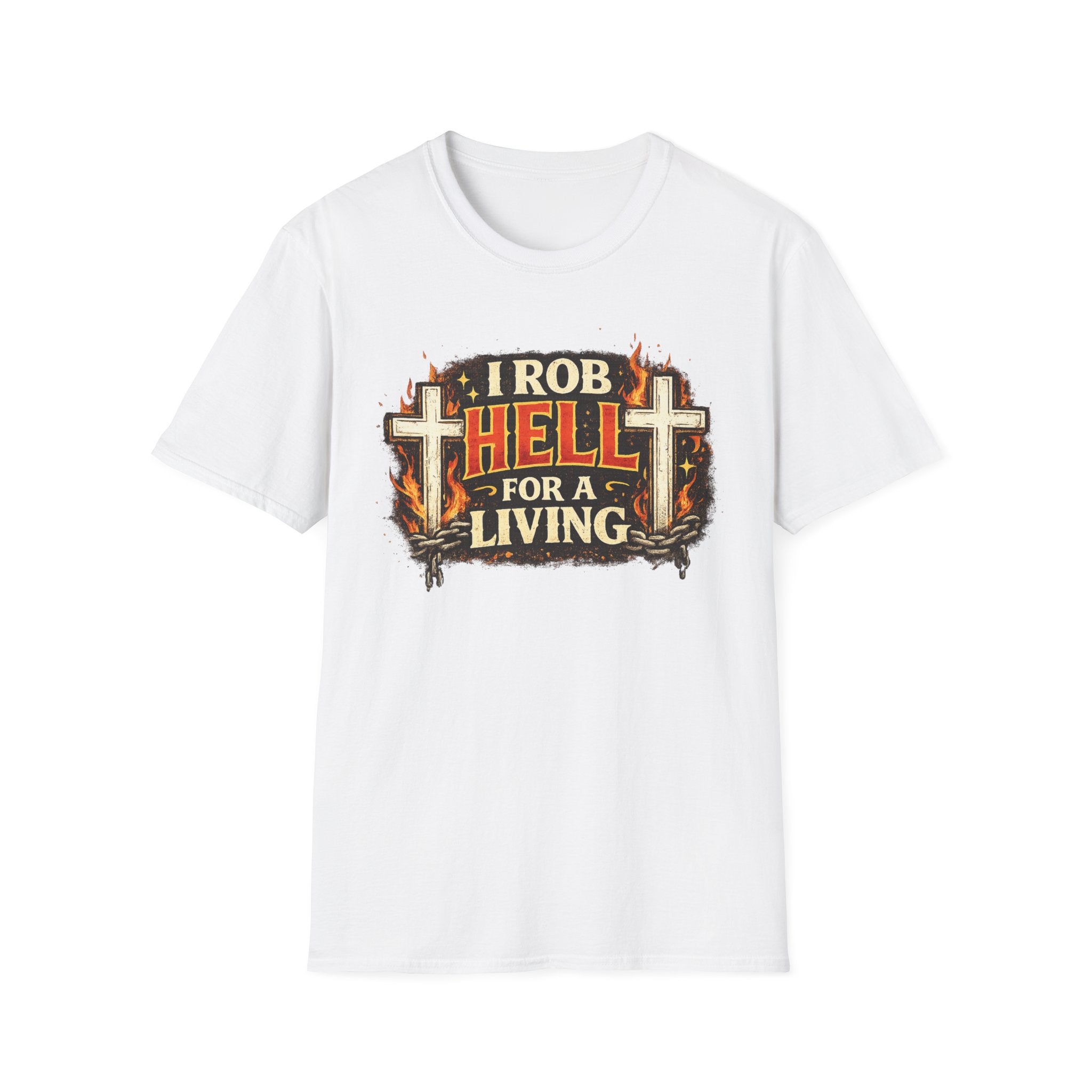 T-Shirt — "I Rob Hell for a Living" Flaming Cross Graphic