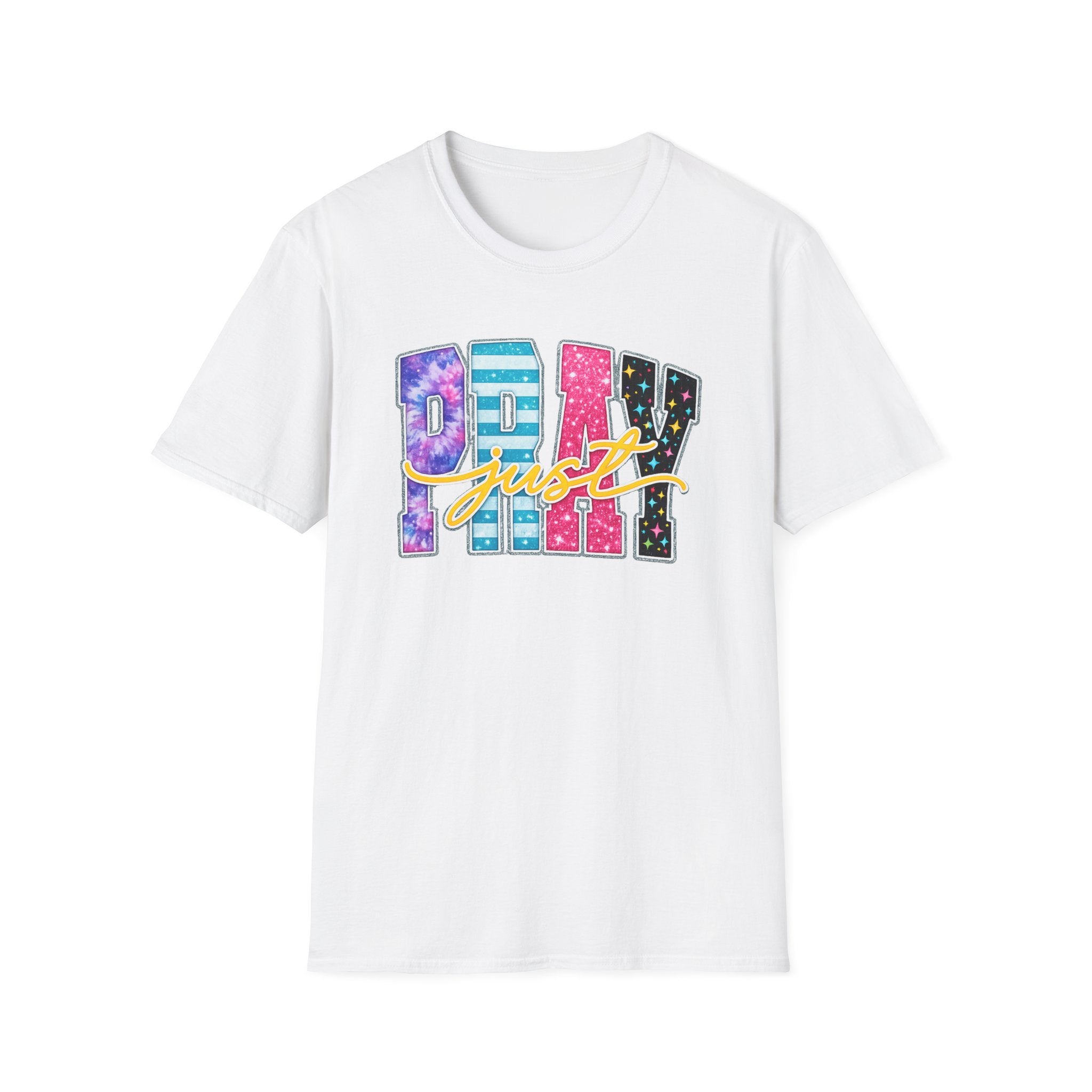 Playful 'Play' Graphic T-Shirt — Colorful Patterned Letters with 'Just' Script