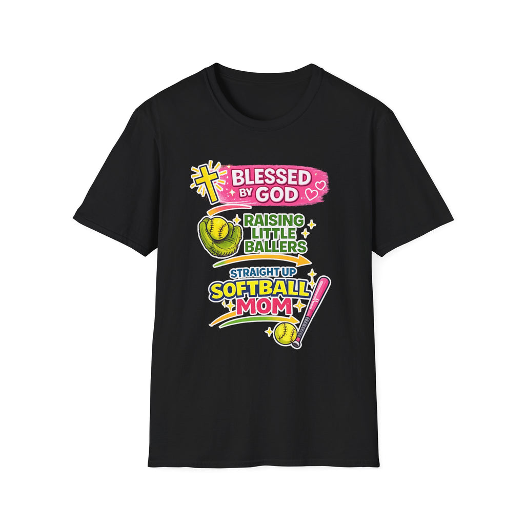 Softball Mom T-Shirt — "Blessed by God Raising Little Ballers" Faith Baseball Tee