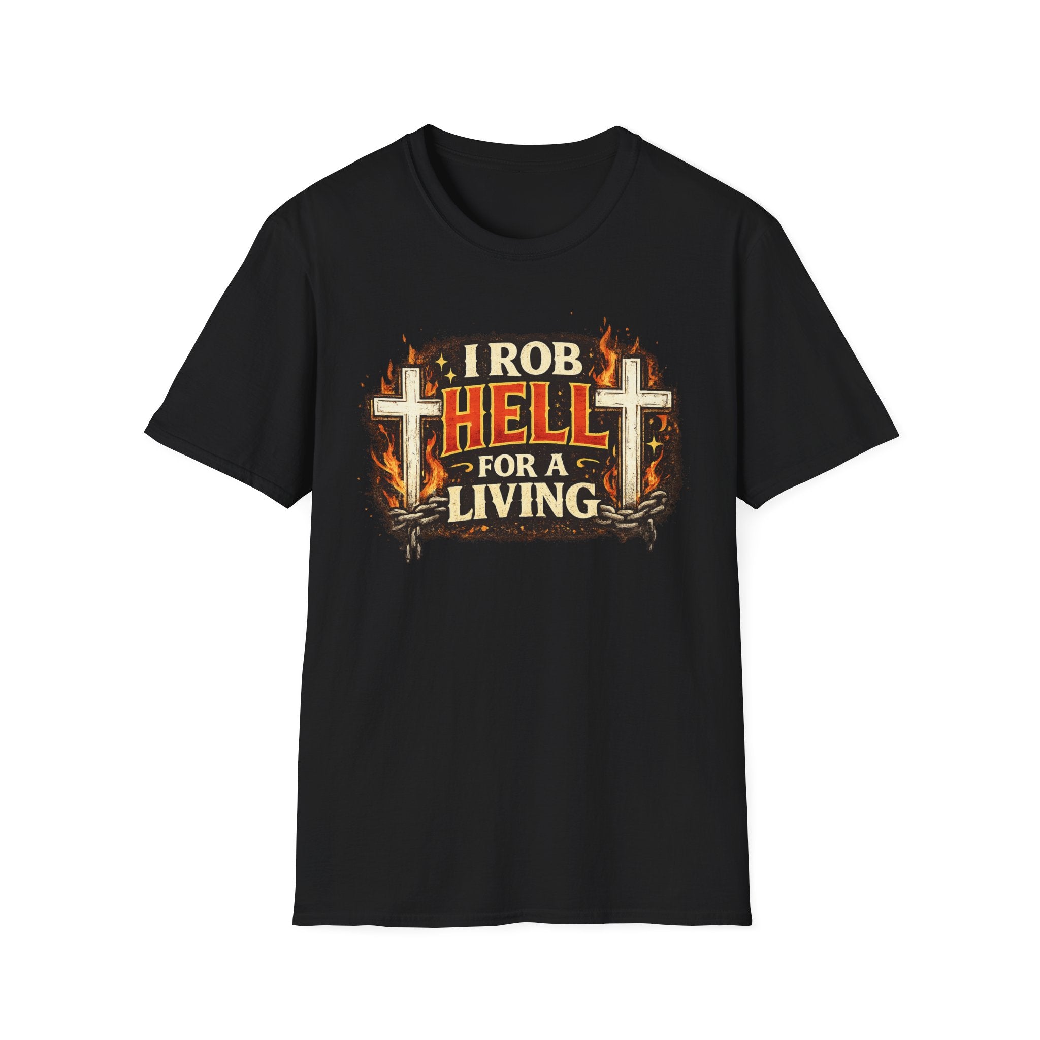 T-Shirt — "I Rob Hell for a Living" Flaming Cross Graphic