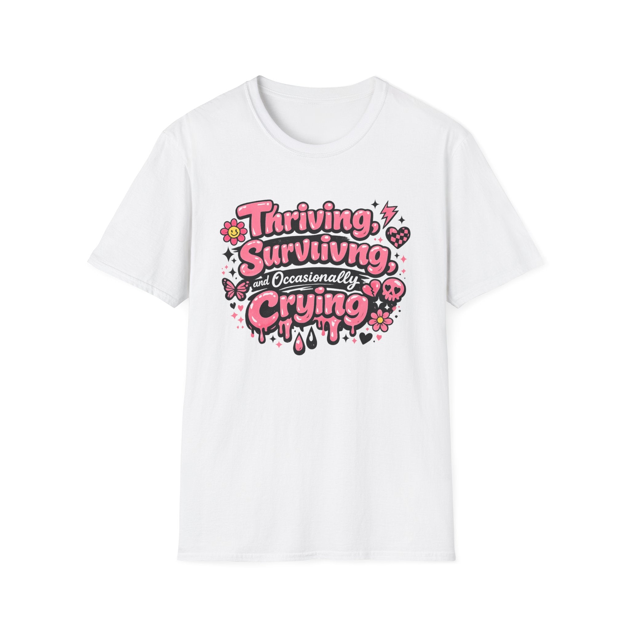 Thriving, Surviving & Occasionally Crying T-Shirt — Cute Pink Positive Mental Health Tee