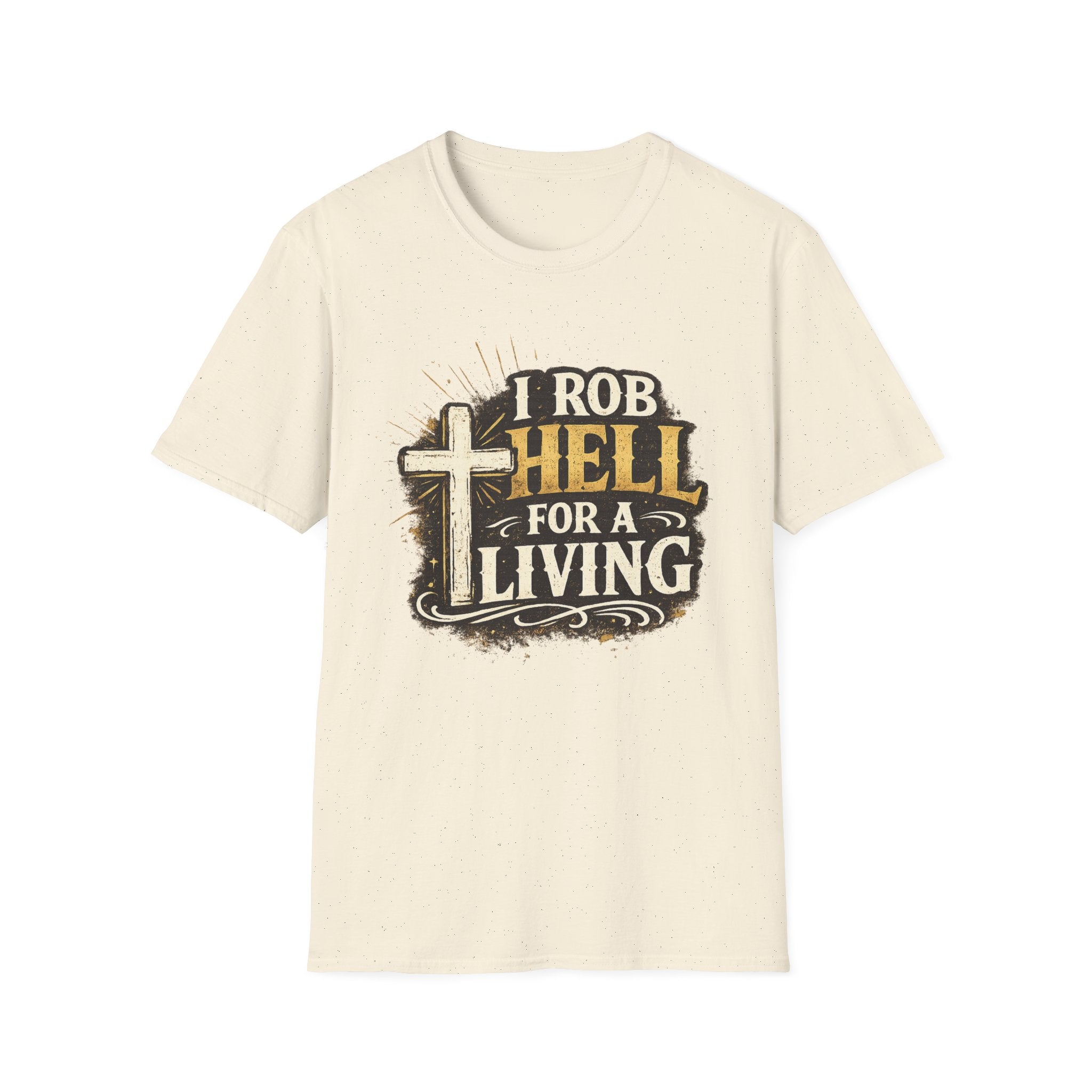 Christian Rescue Worker T-Shirt — "I Rob Hell for a Living" Cross Graphic