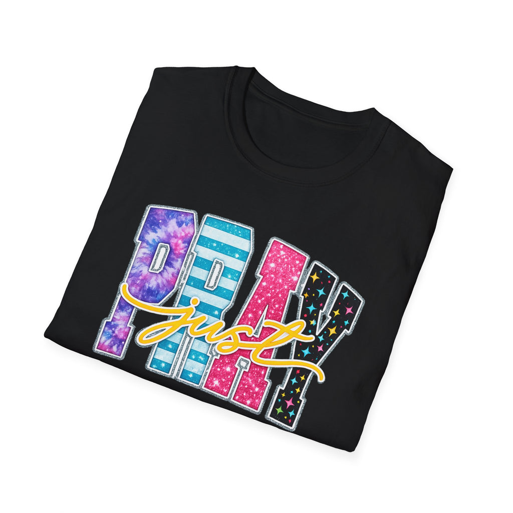 Playful 'Play' Graphic T-Shirt — Colorful Patterned Letters with 'Just' Script