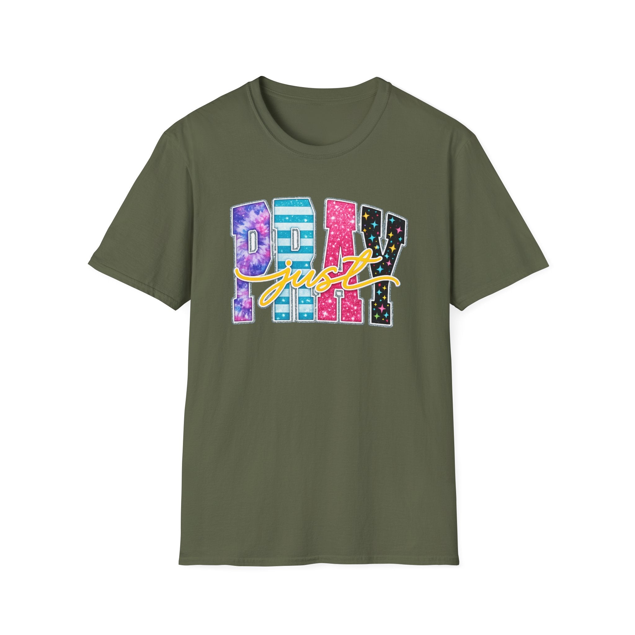 Playful 'Play' Graphic T-Shirt — Colorful Patterned Letters with 'Just' Script