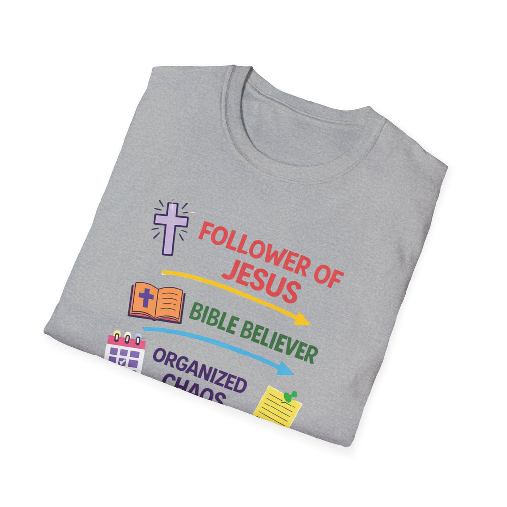 Soccer Mom T-Shirt – "Follower of Jesus, Bible Believer, Organized Chaos Coordinator" Christian Mom Tee